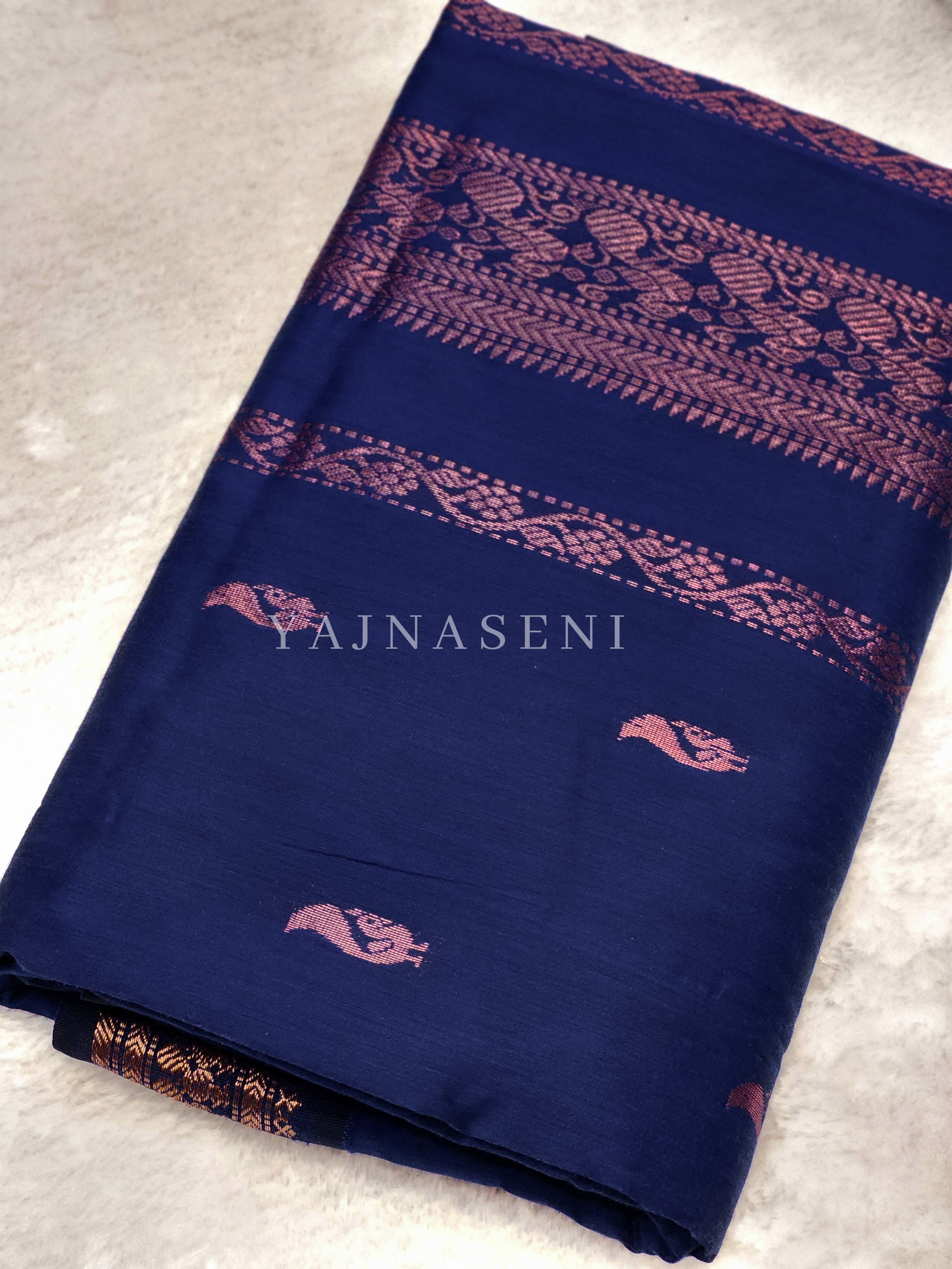 Kalyani Cotton Saree - Copper Zari : Blue
