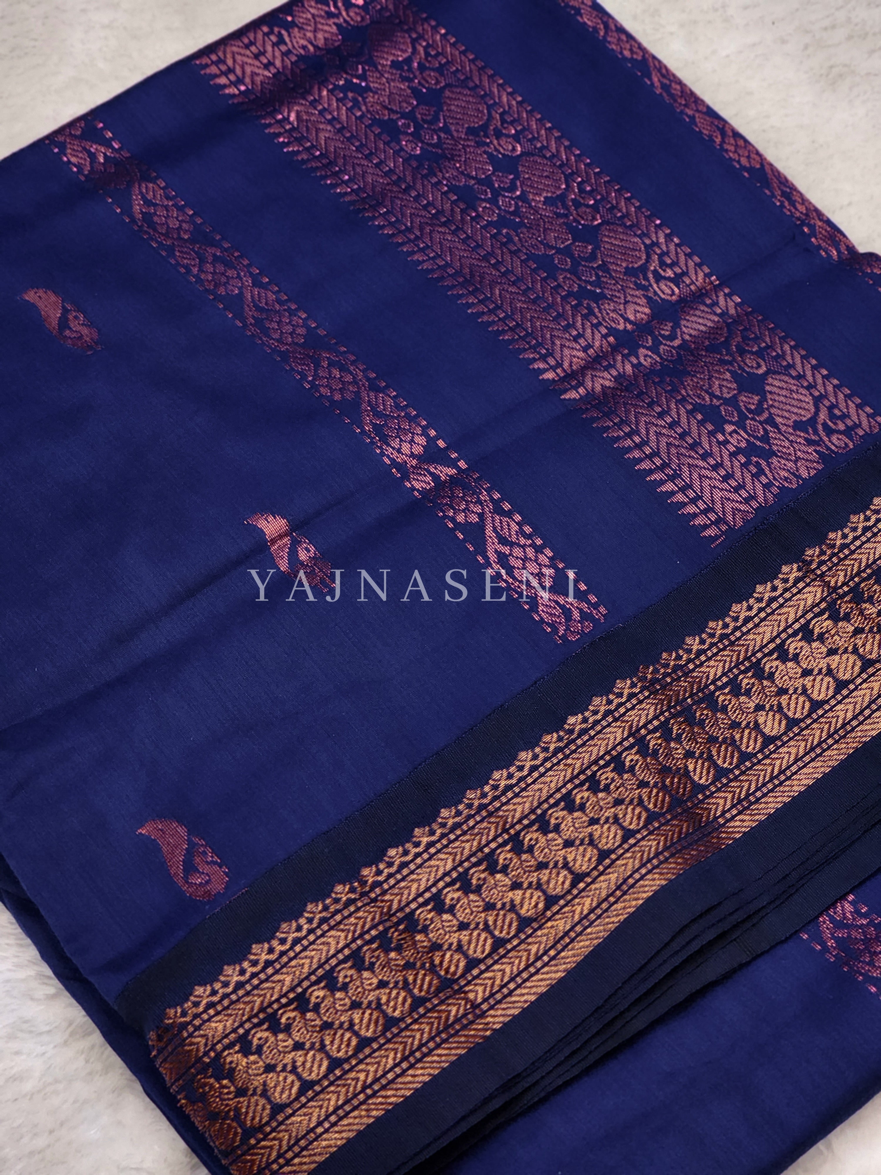 Kalyani Cotton Saree - Copper Zari : Blue