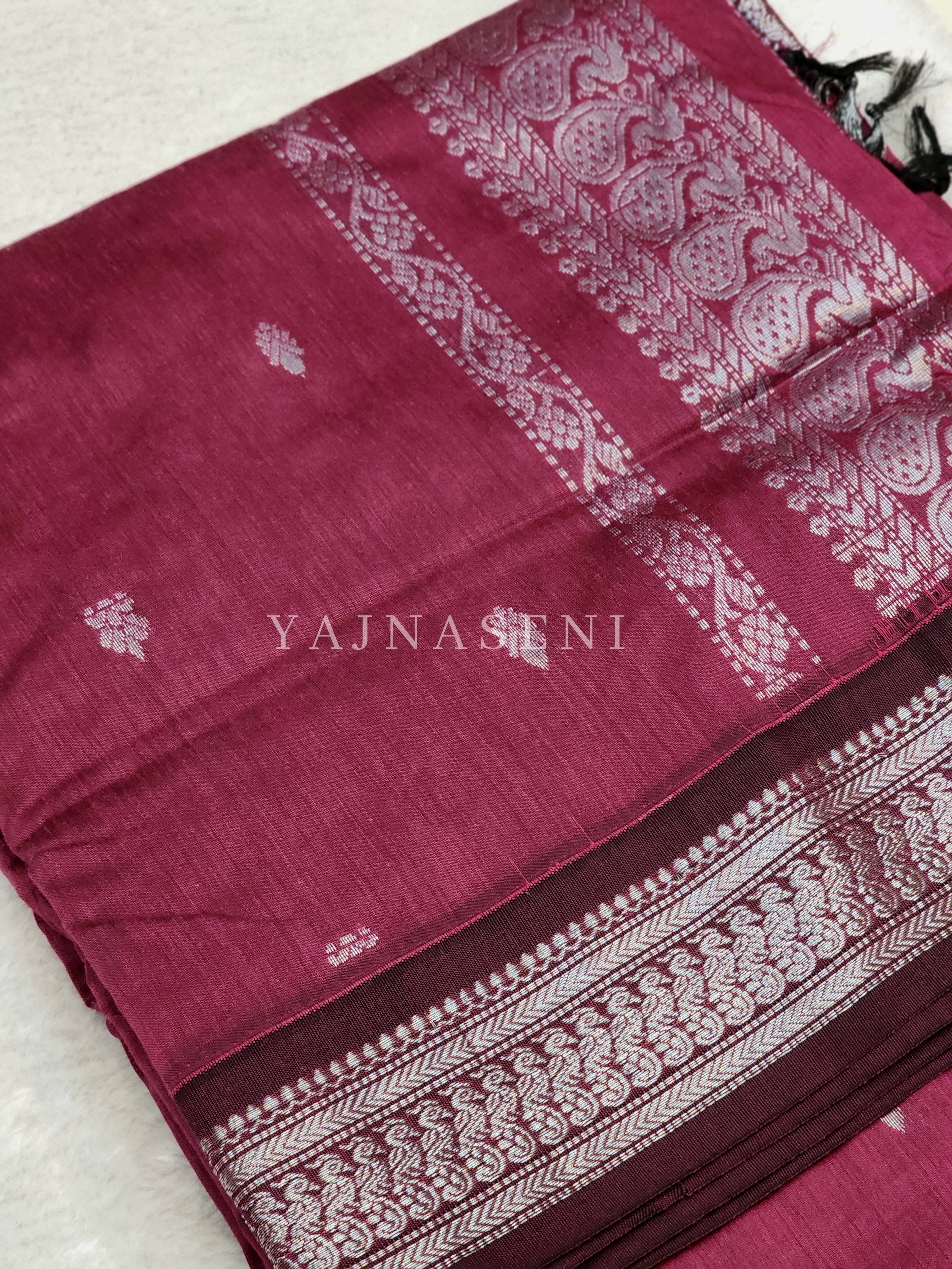 Kalyani Cotton Saree - Silver Zari : Berry x Wine
