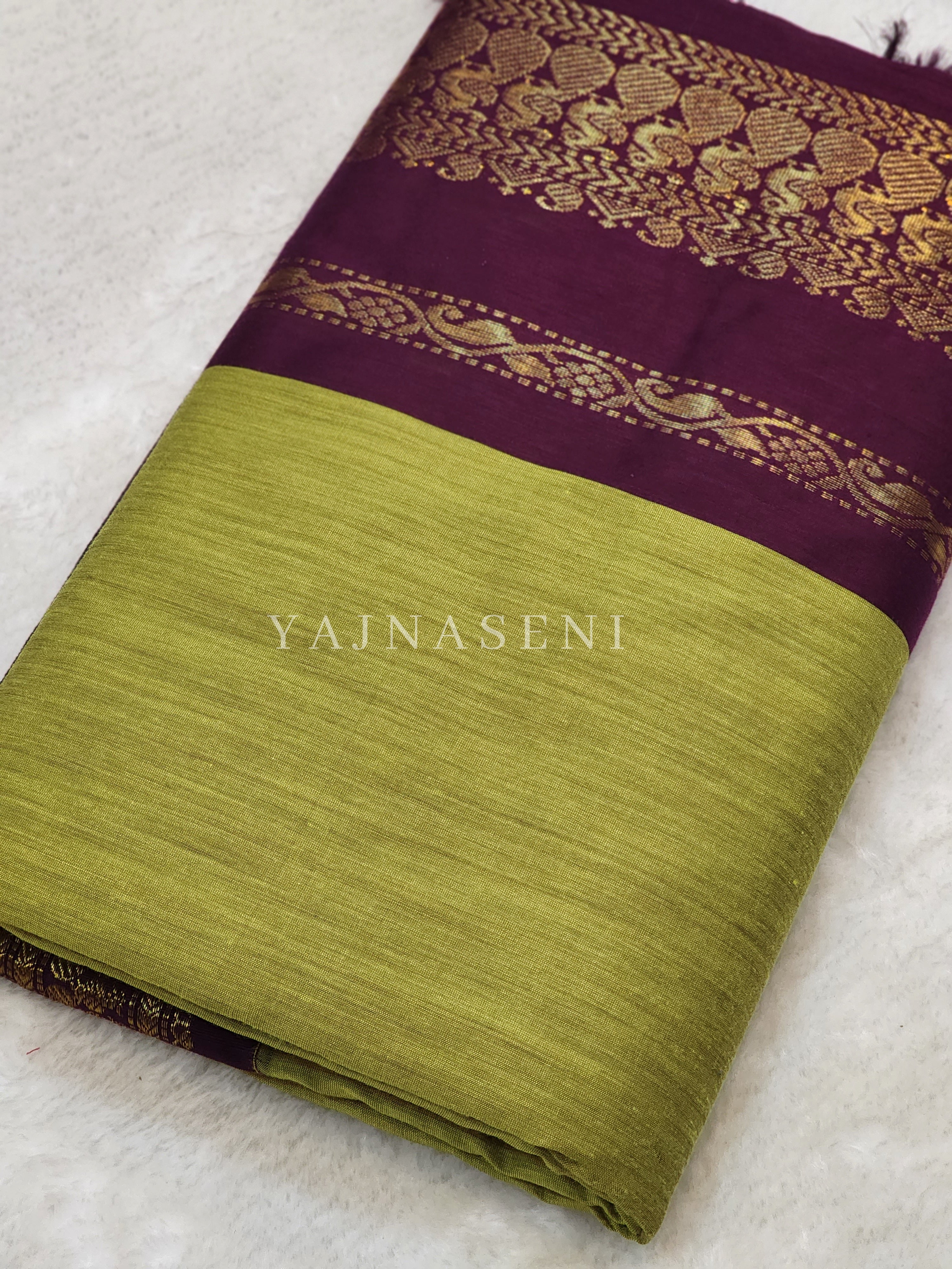 Kalyani Cotton Saree : Lime Green x Plum