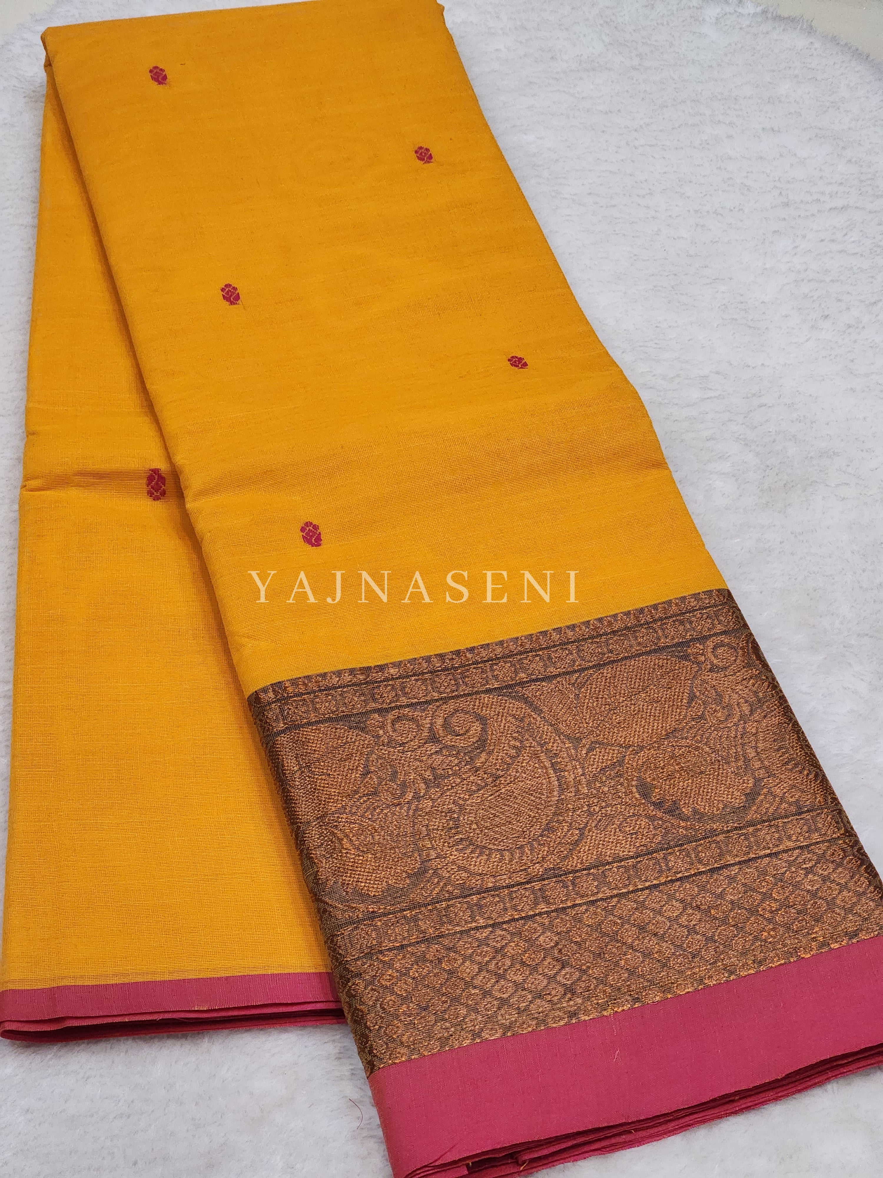 Kanchipuram Pure Cotton x Copper zari saree - Canary
