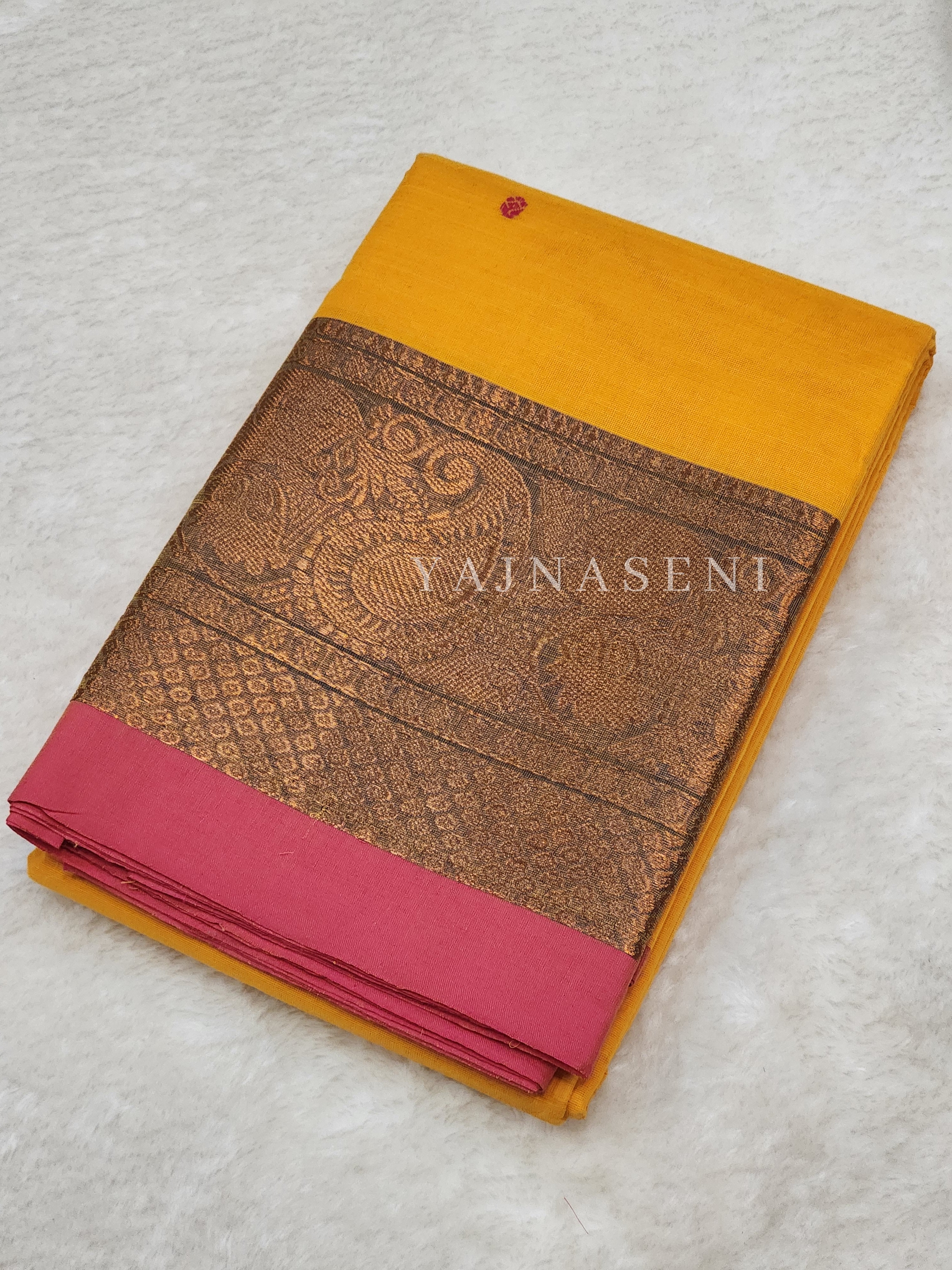 Kanchipuram Pure Cotton x Copper zari saree - Canary
