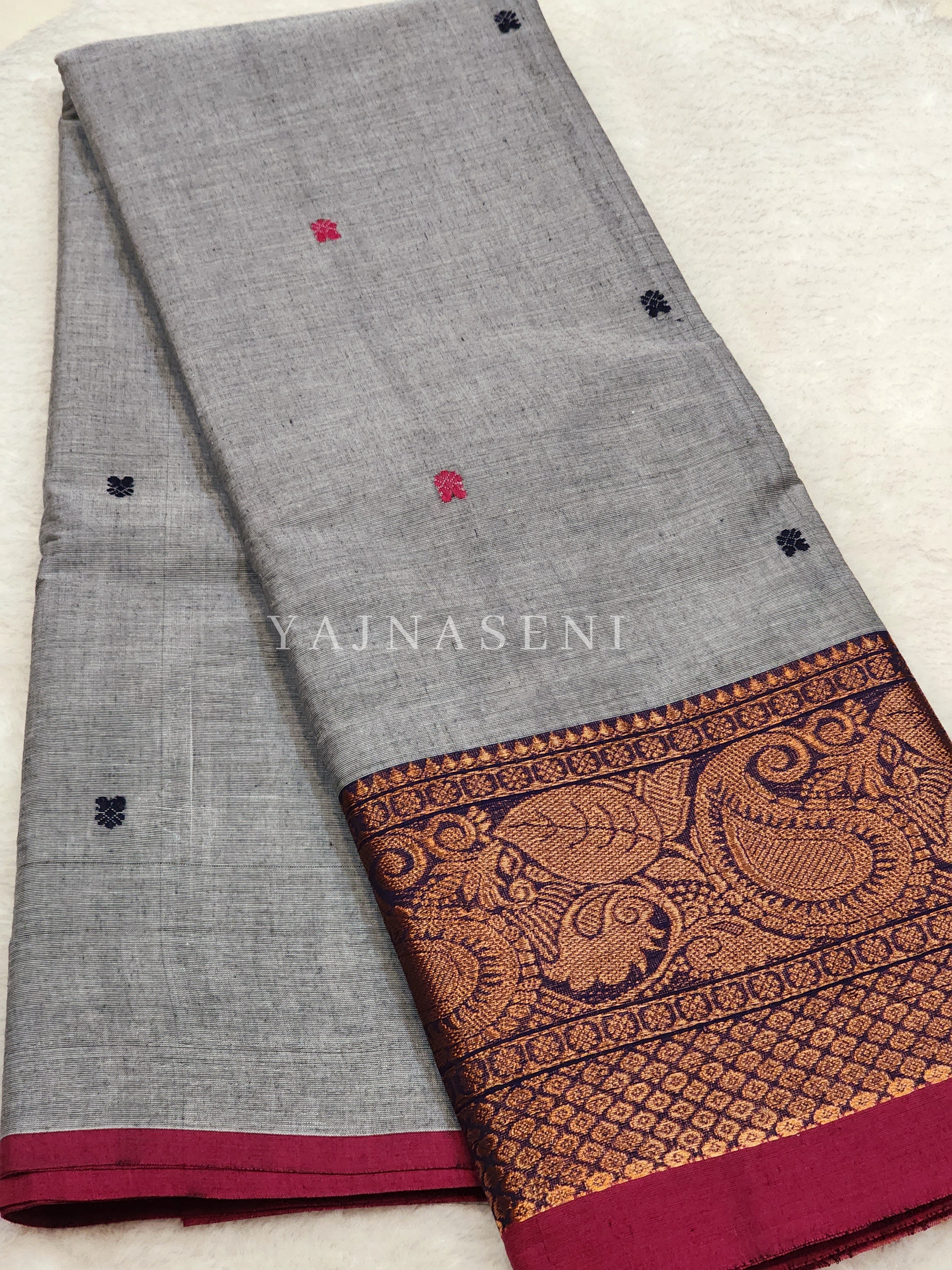 Kanchipuram Pure Cotton x Copper zari saree - Rhinestone Grey