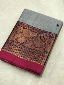 Kanchipuram Pure Cotton x Copper zari saree - Rhinestone Grey
