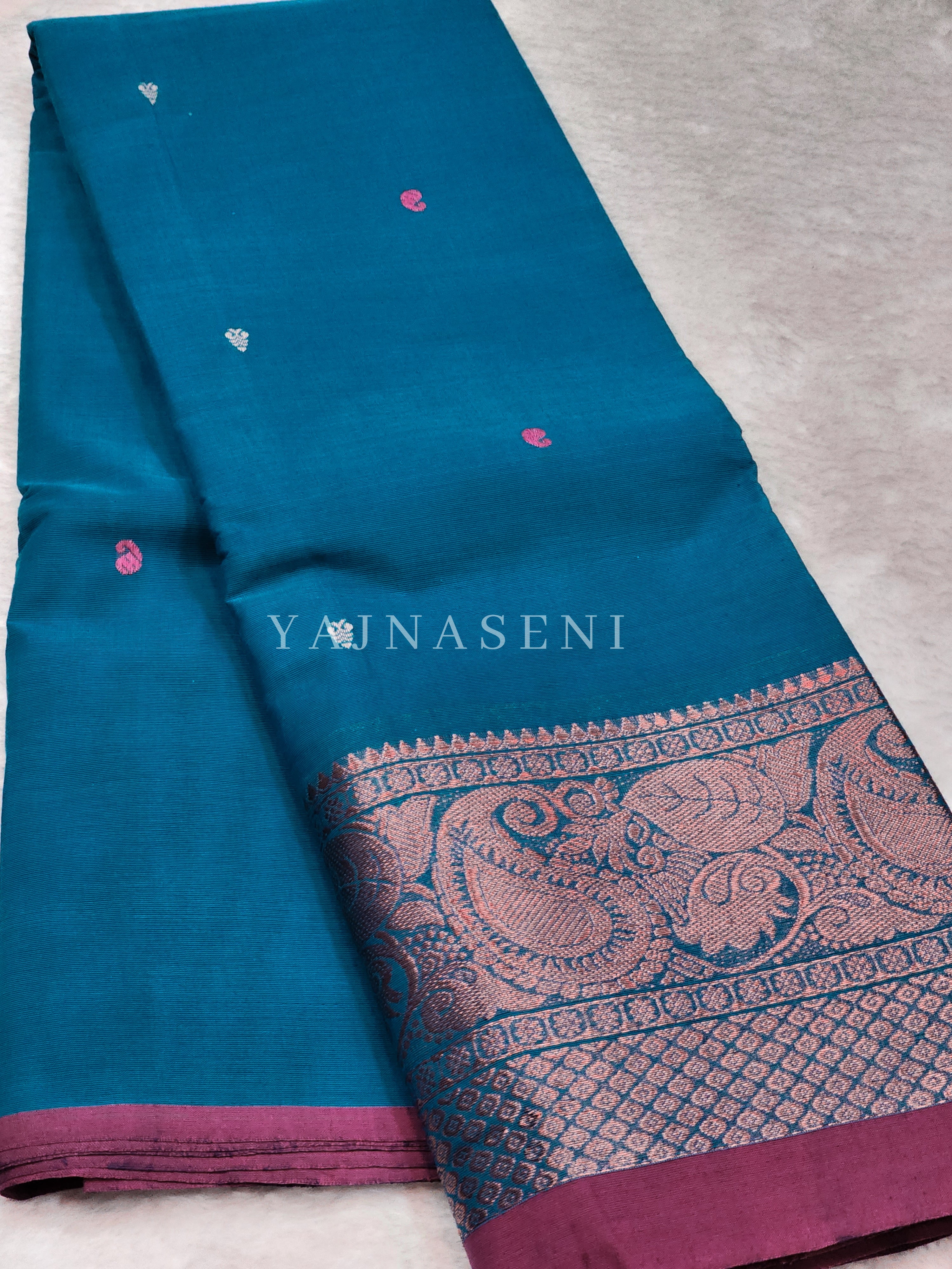 Kanchipuram Pure Cotton x Copper zari saree - Cerulean Neela Vaanam