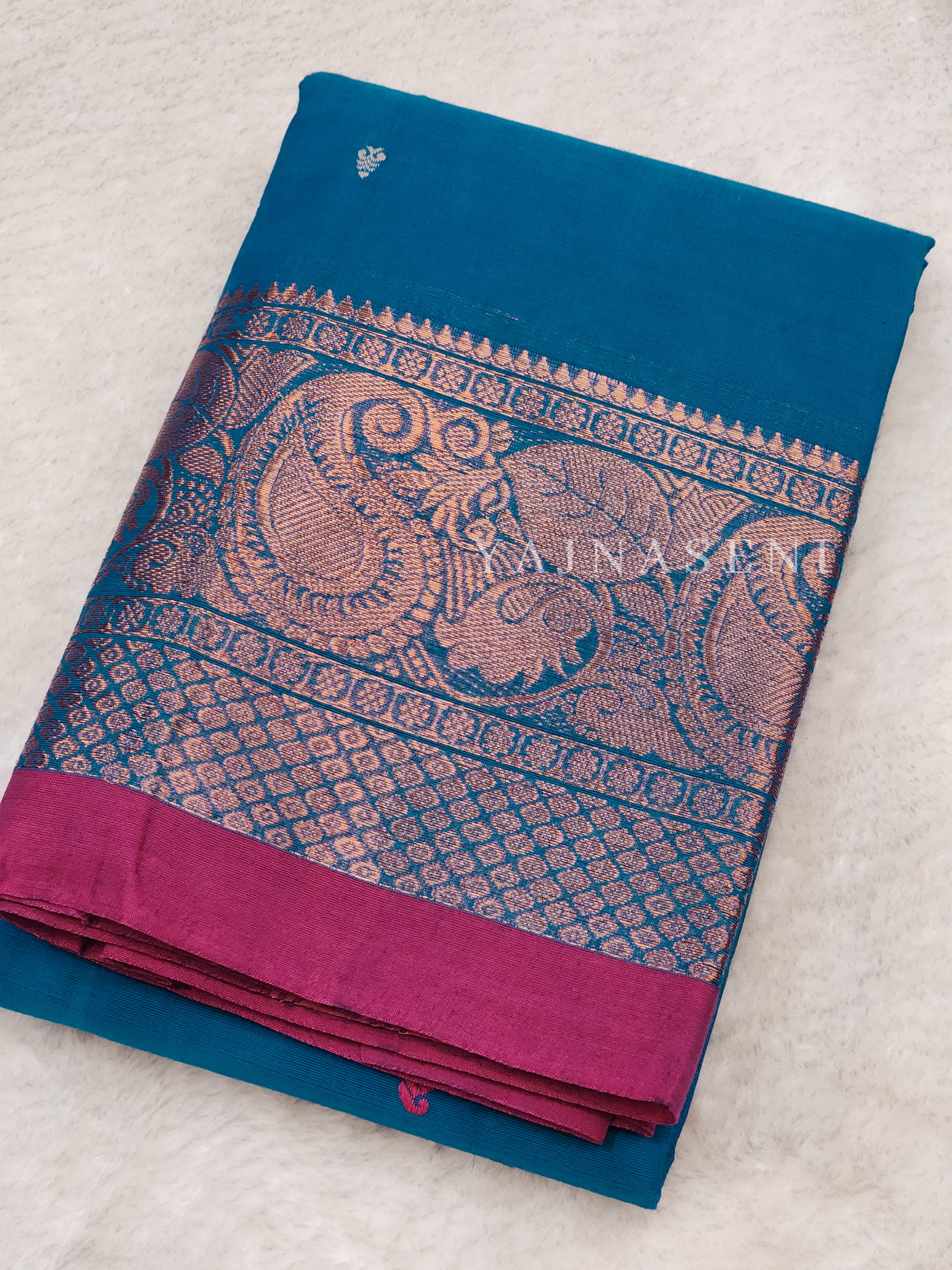 Kanchipuram Pure Cotton x Copper zari saree - Cerulean Neela Vaanam