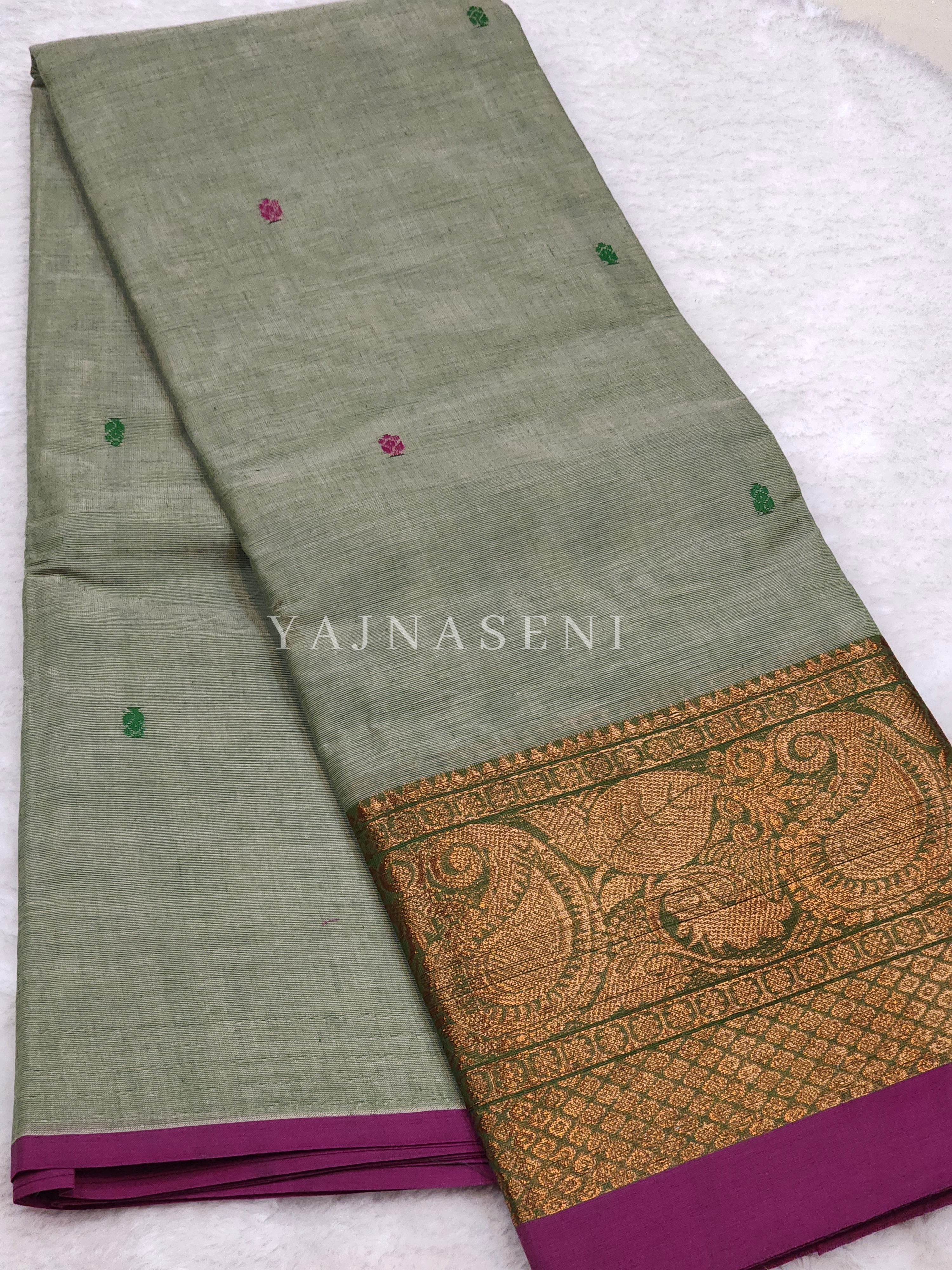 Kanchipuram Pure Cotton x Copper zari saree - Pista