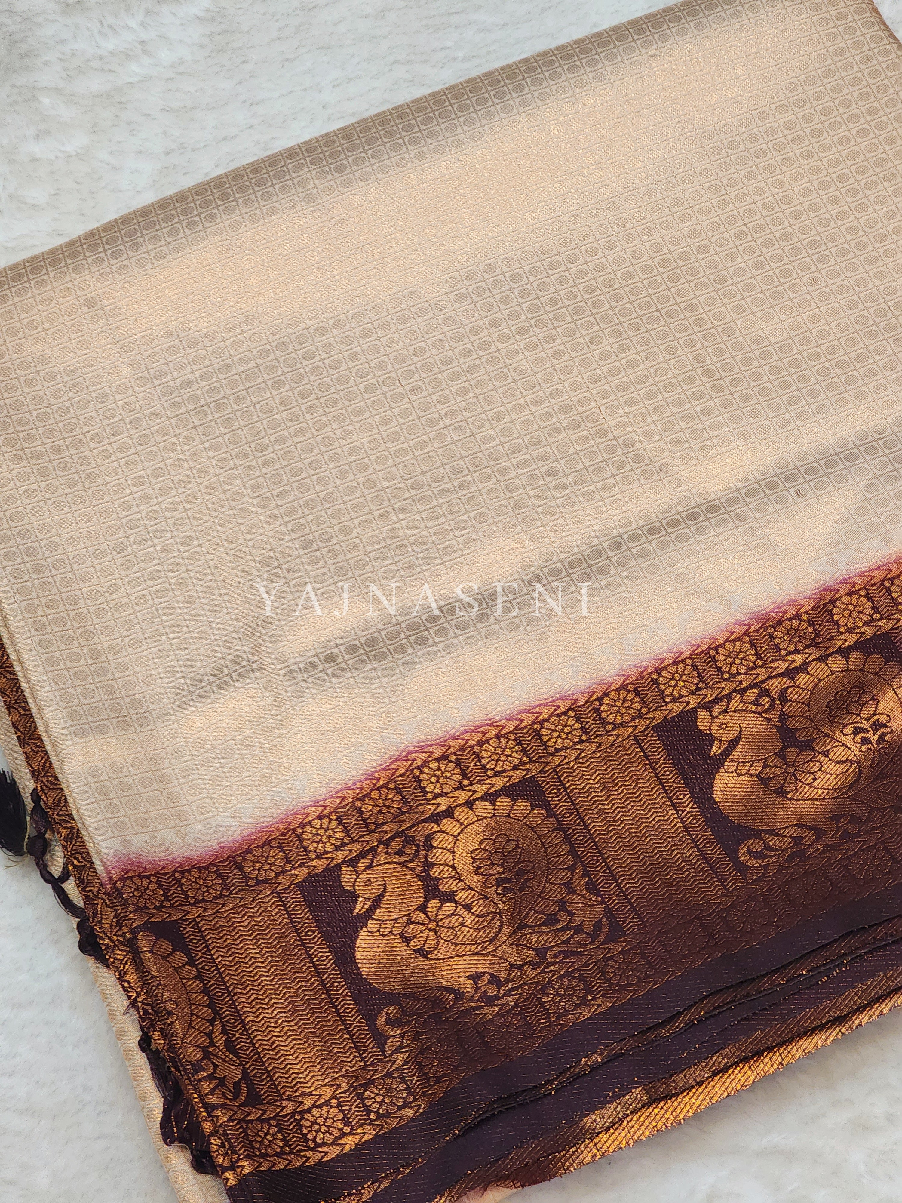 Kubera Pattu x Peacock Saree - Offwhite x Brown