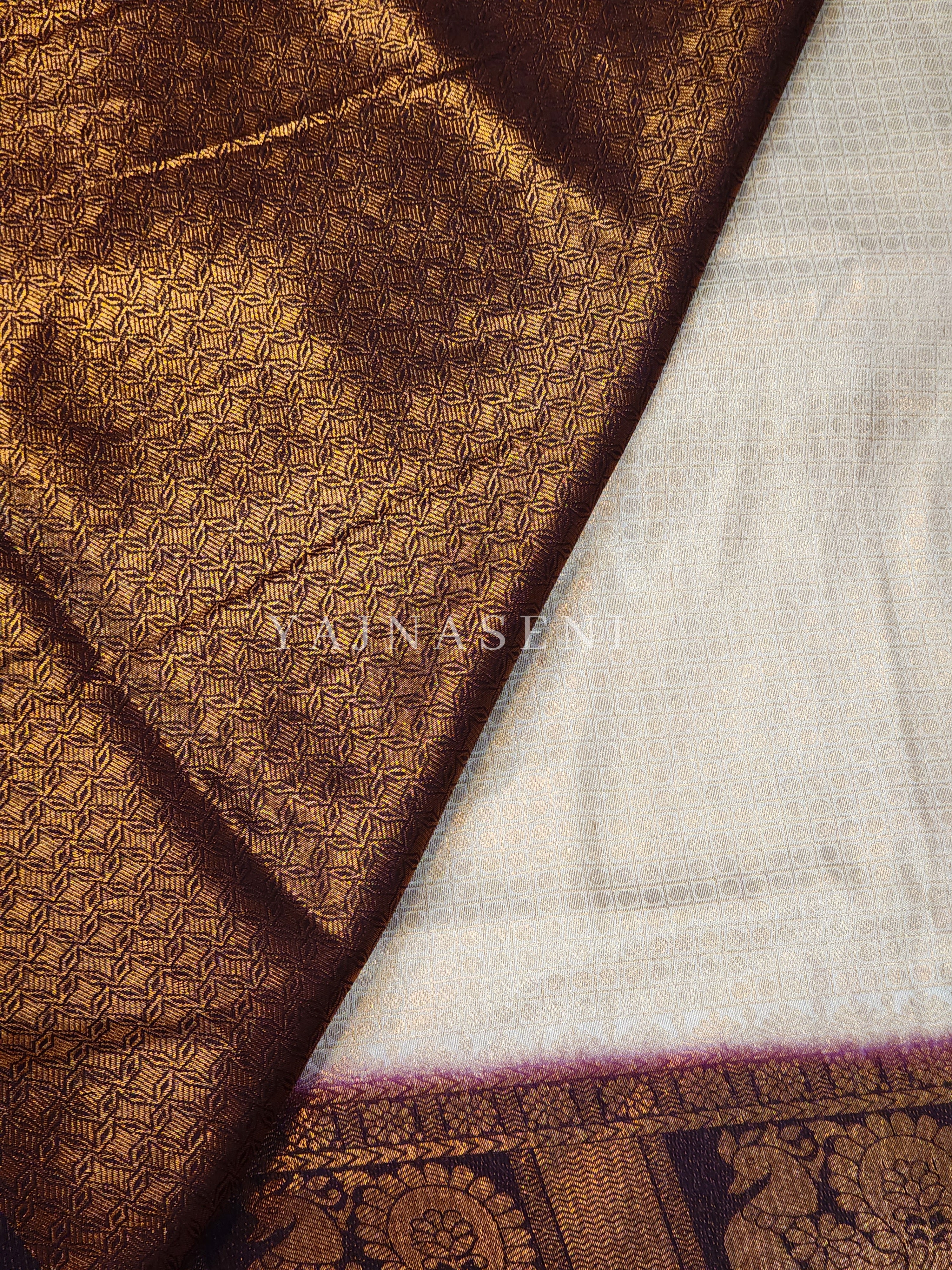 Kubera Pattu x Peacock Saree - Offwhite x Brown