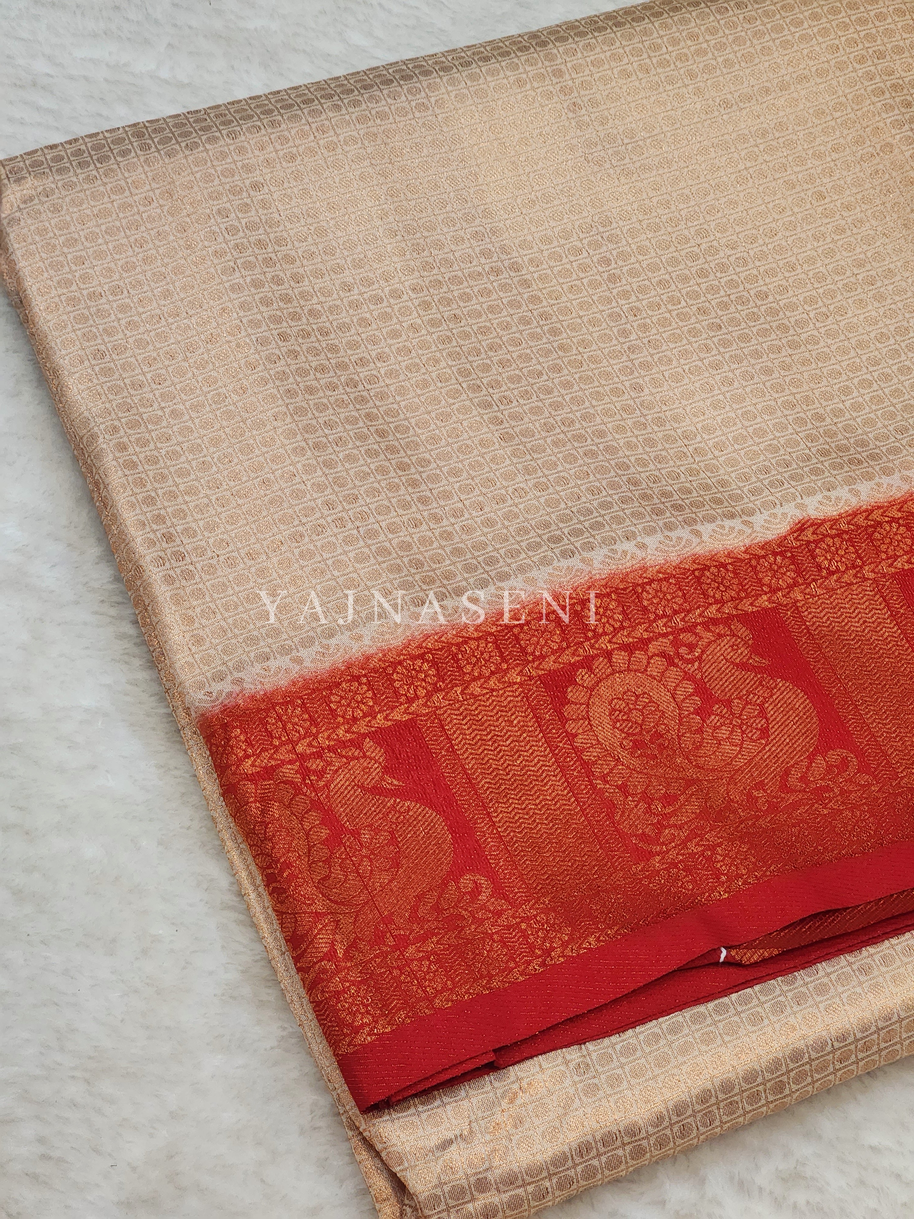 Kubera Pattu x Peacock Saree - Offwhite x Red