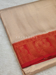 Kubera Pattu x Peacock Saree - Offwhite x Red