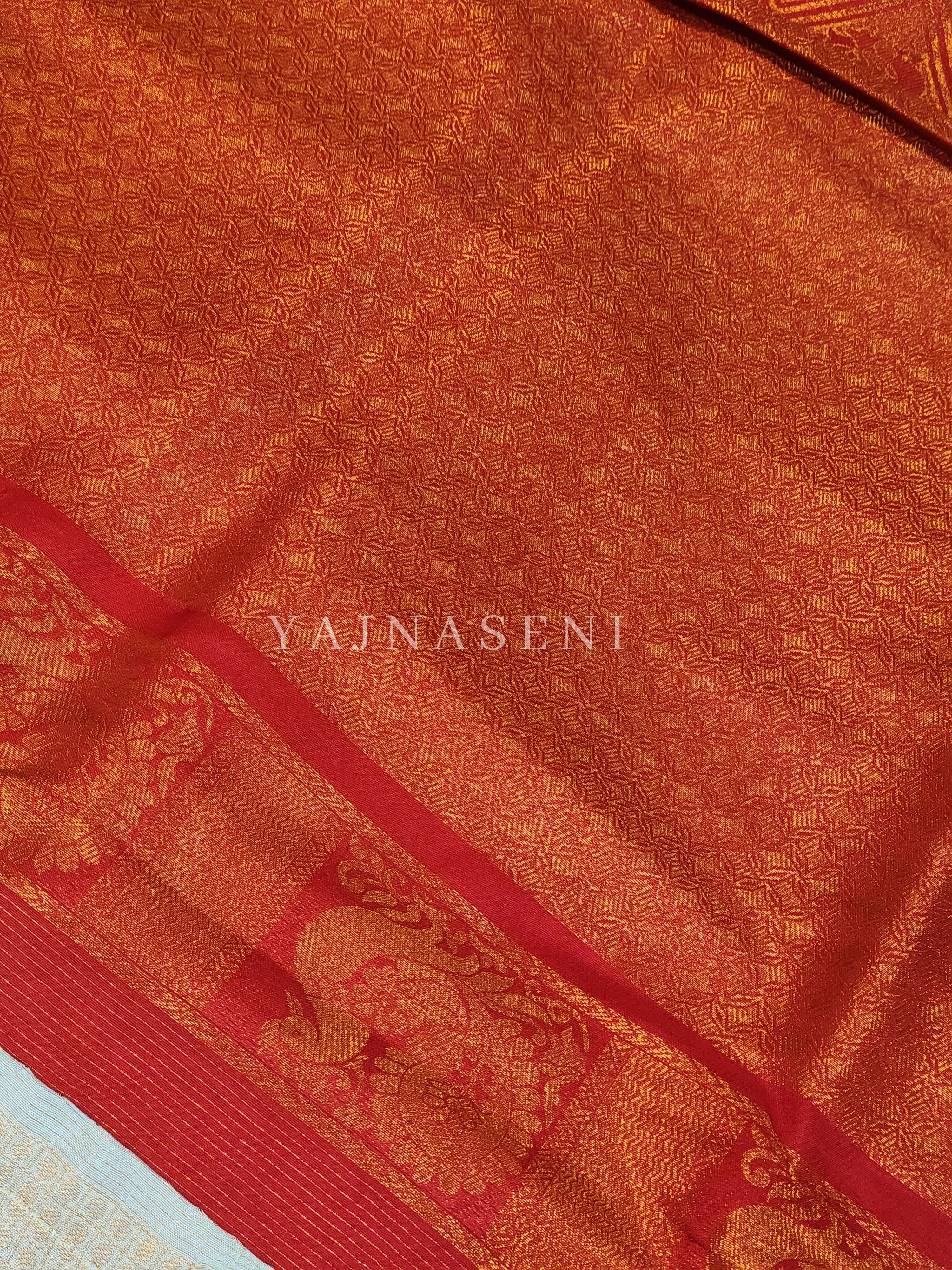Kubera Pattu x Peacock Saree - Offwhite x Red