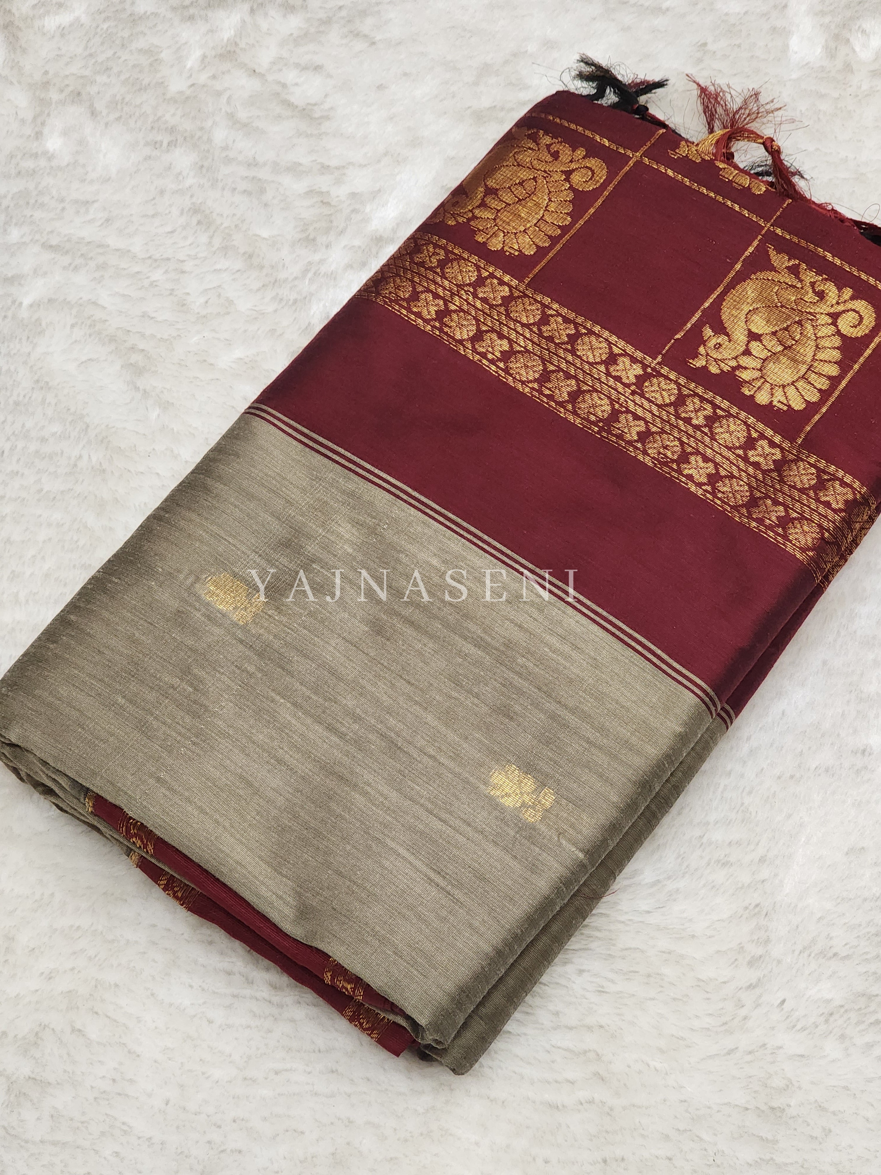 Kalyani Cotton x Peacock Saree : Ash Brown x Maroon