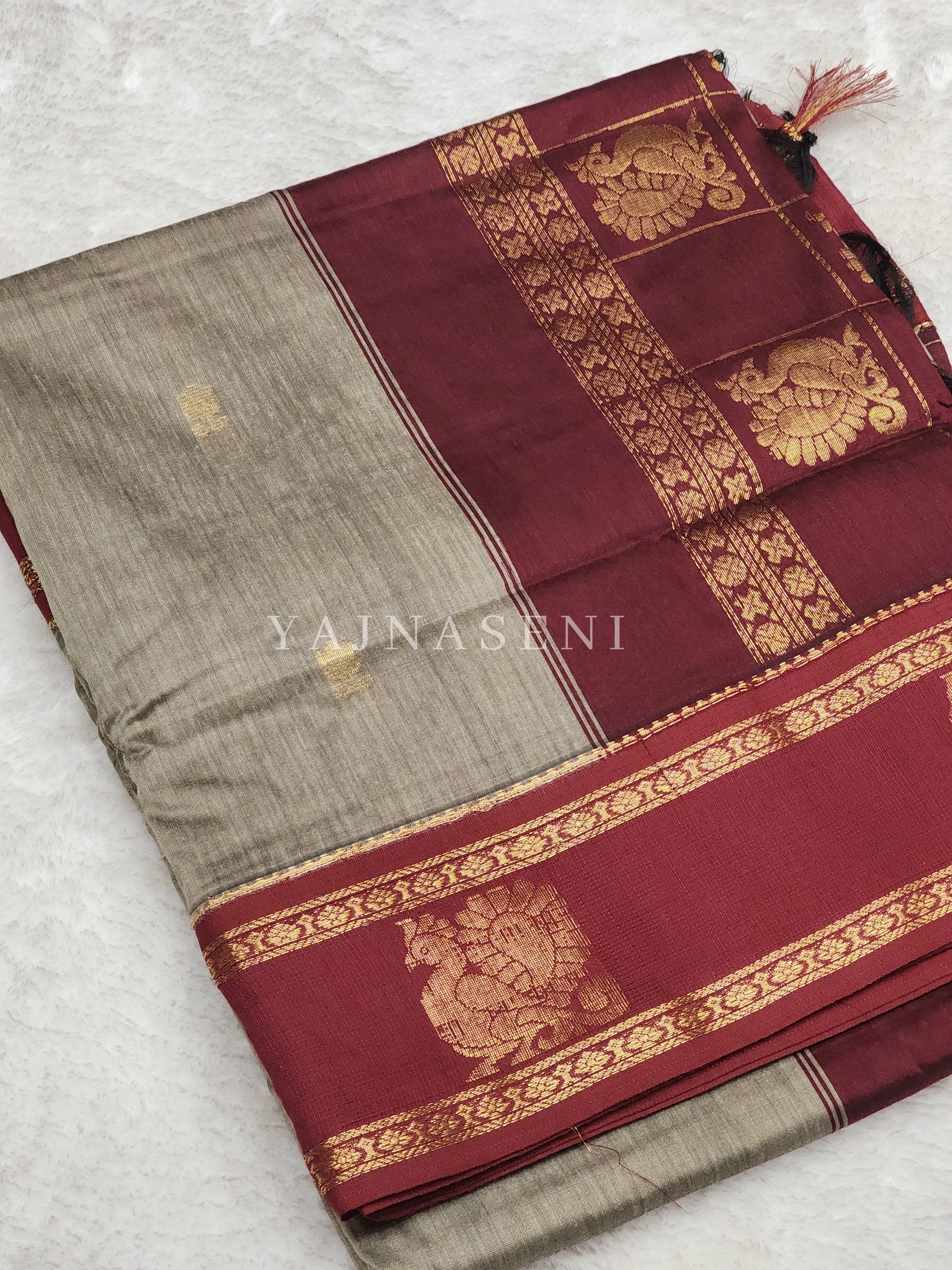 Kalyani Cotton x Peacock Saree : Ash Brown x Maroon