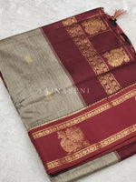 Load image into Gallery viewer, Kalyani Cotton x Peacock Saree : Ash Brown x Maroon

