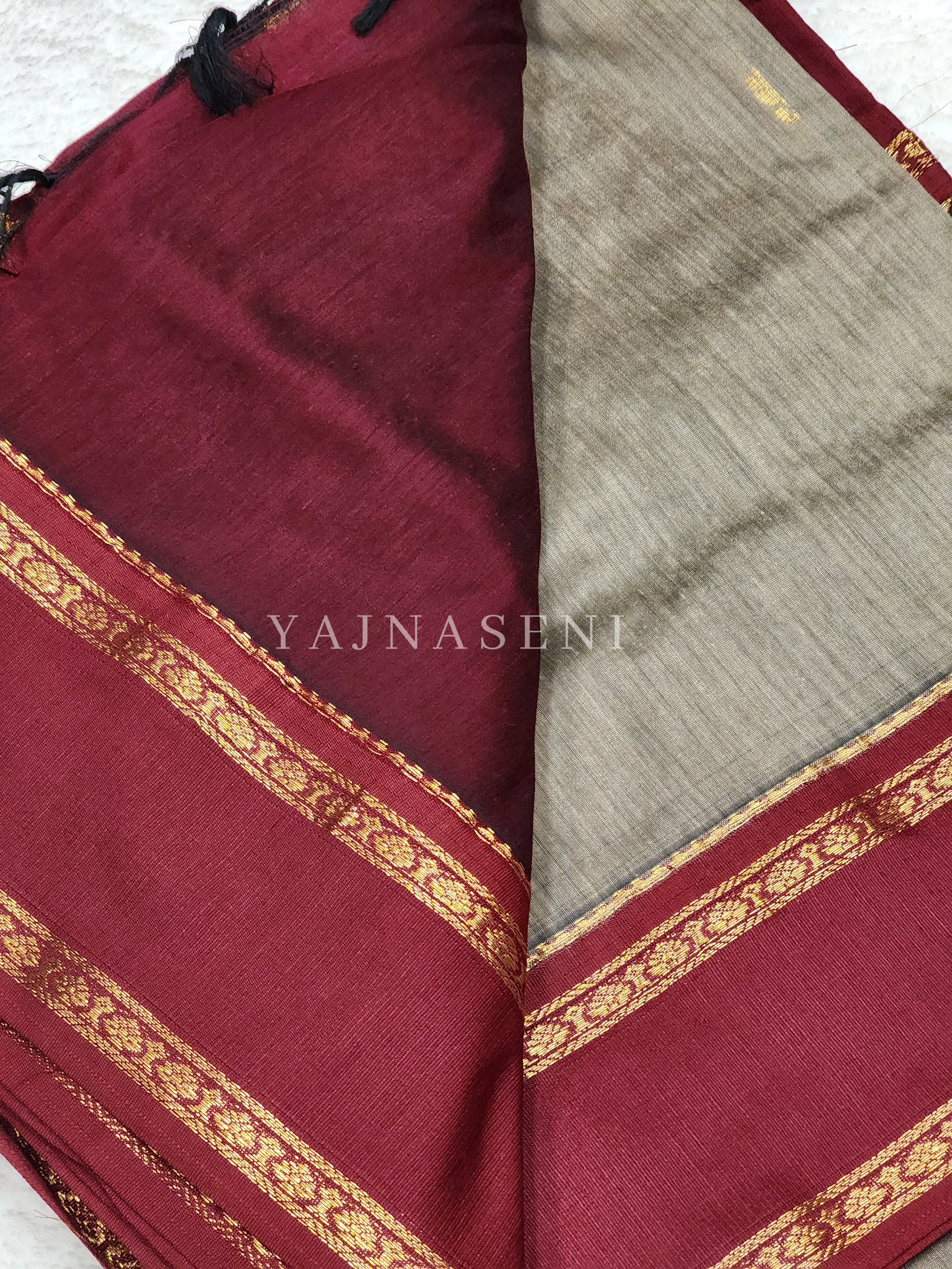 Kalyani Cotton x Peacock Saree : Ash Brown x Maroon