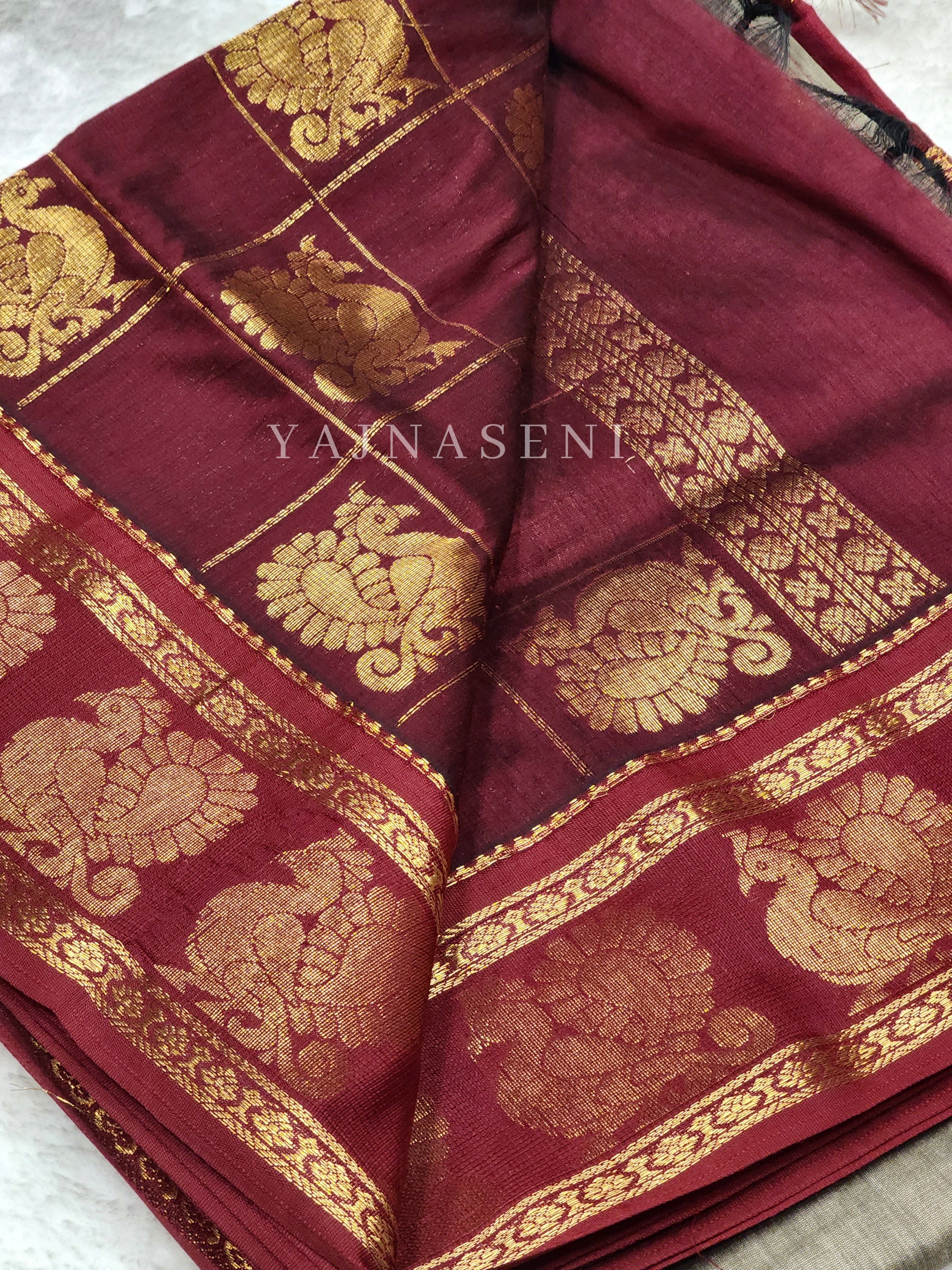 Kalyani Cotton x Peacock Saree : Ash Brown x Maroon