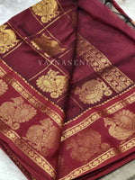 Load image into Gallery viewer, Kalyani Cotton x Peacock Saree : Ash Brown x Maroon
