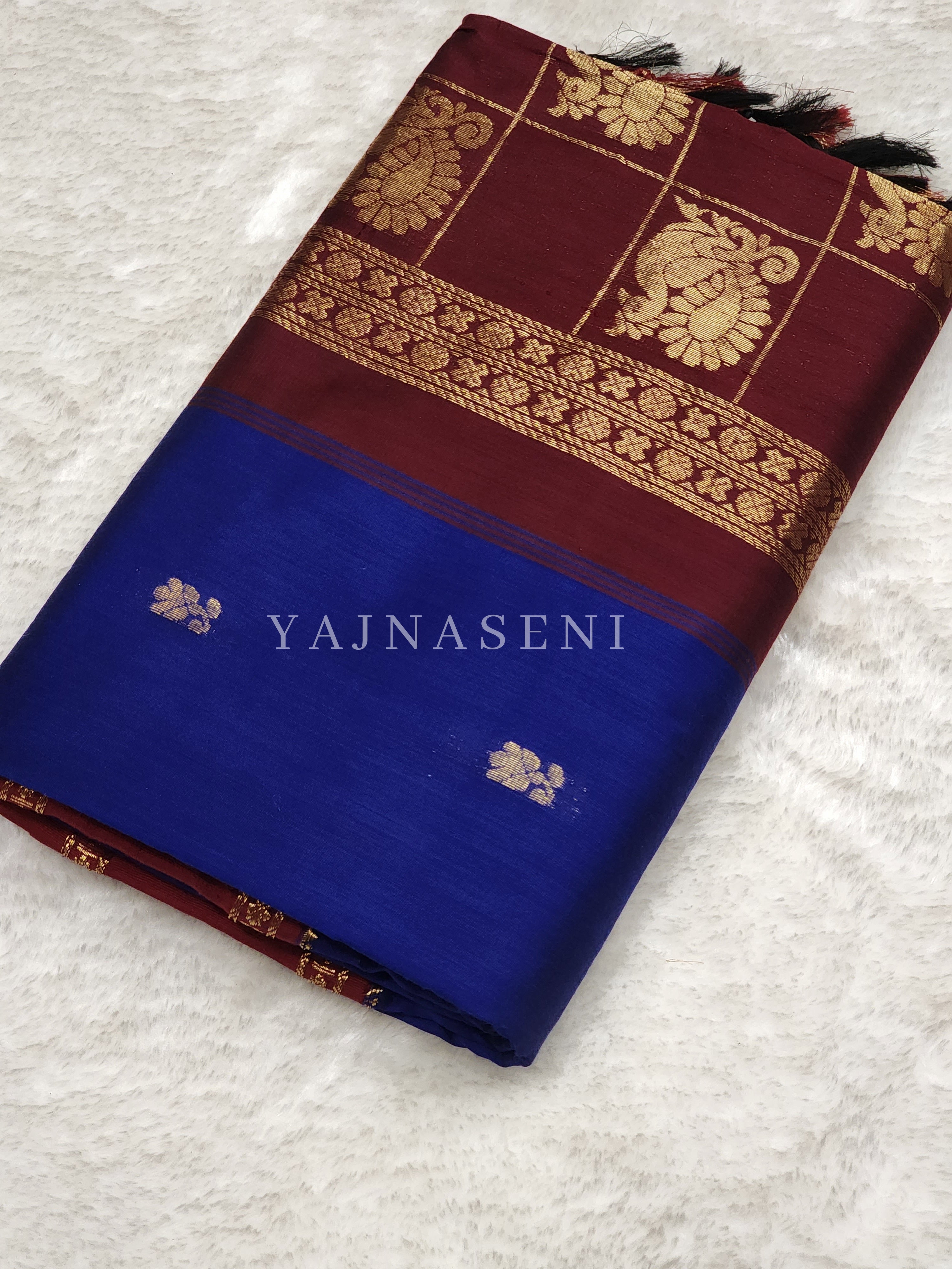 Kalyani Cotton x Peacock Saree : Navy Blue x Maroon