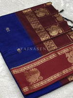 Load image into Gallery viewer, Kalyani Cotton x Peacock Saree : Navy Blue x Maroon
