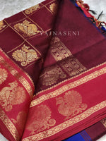 Load image into Gallery viewer, Kalyani Cotton x Peacock Saree : Navy Blue x Maroon
