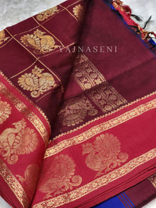 Kalyani Cotton x Peacock Saree : Navy Blue x Maroon