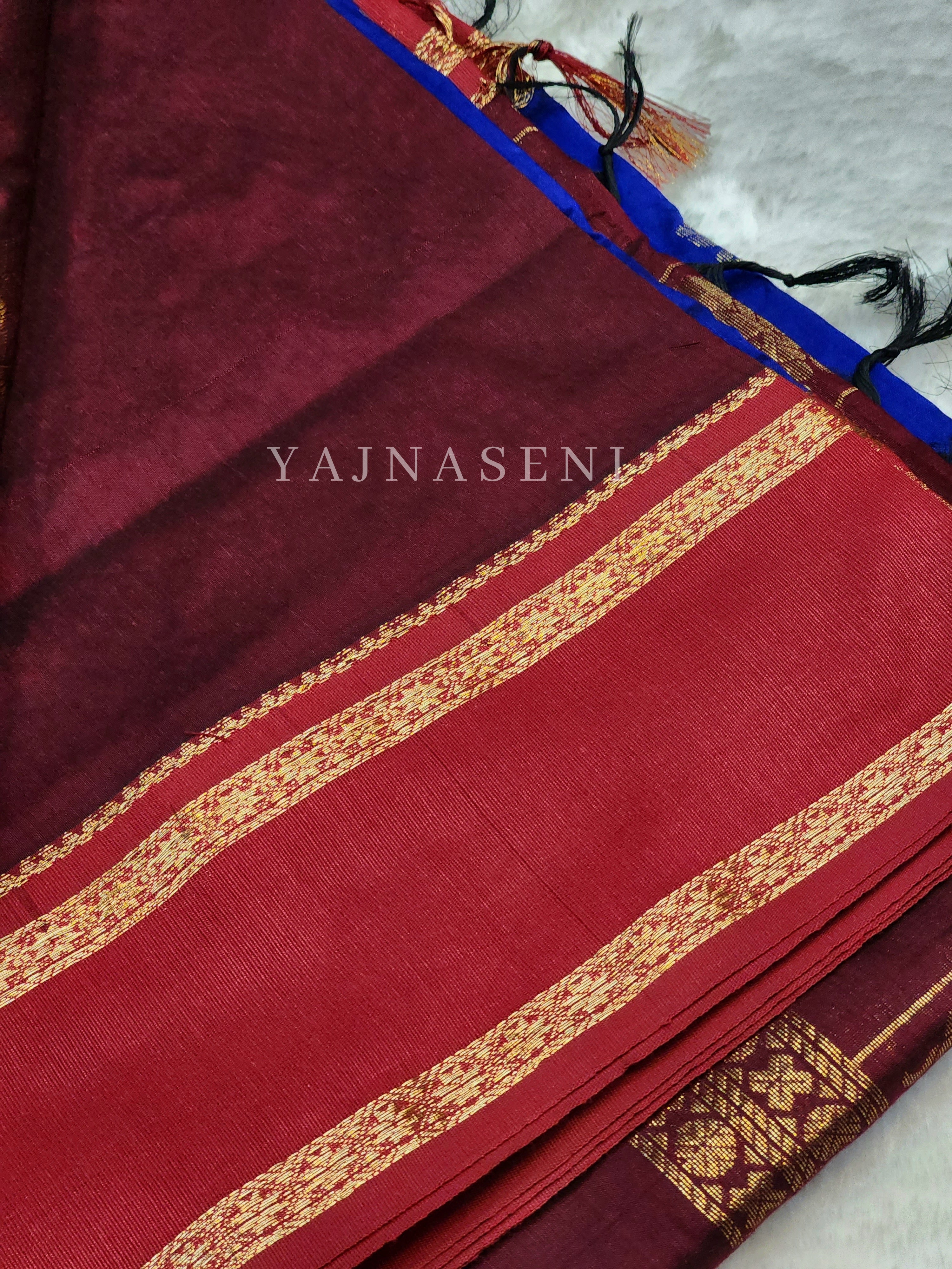 Kalyani Cotton x Peacock Saree : Navy Blue x Maroon