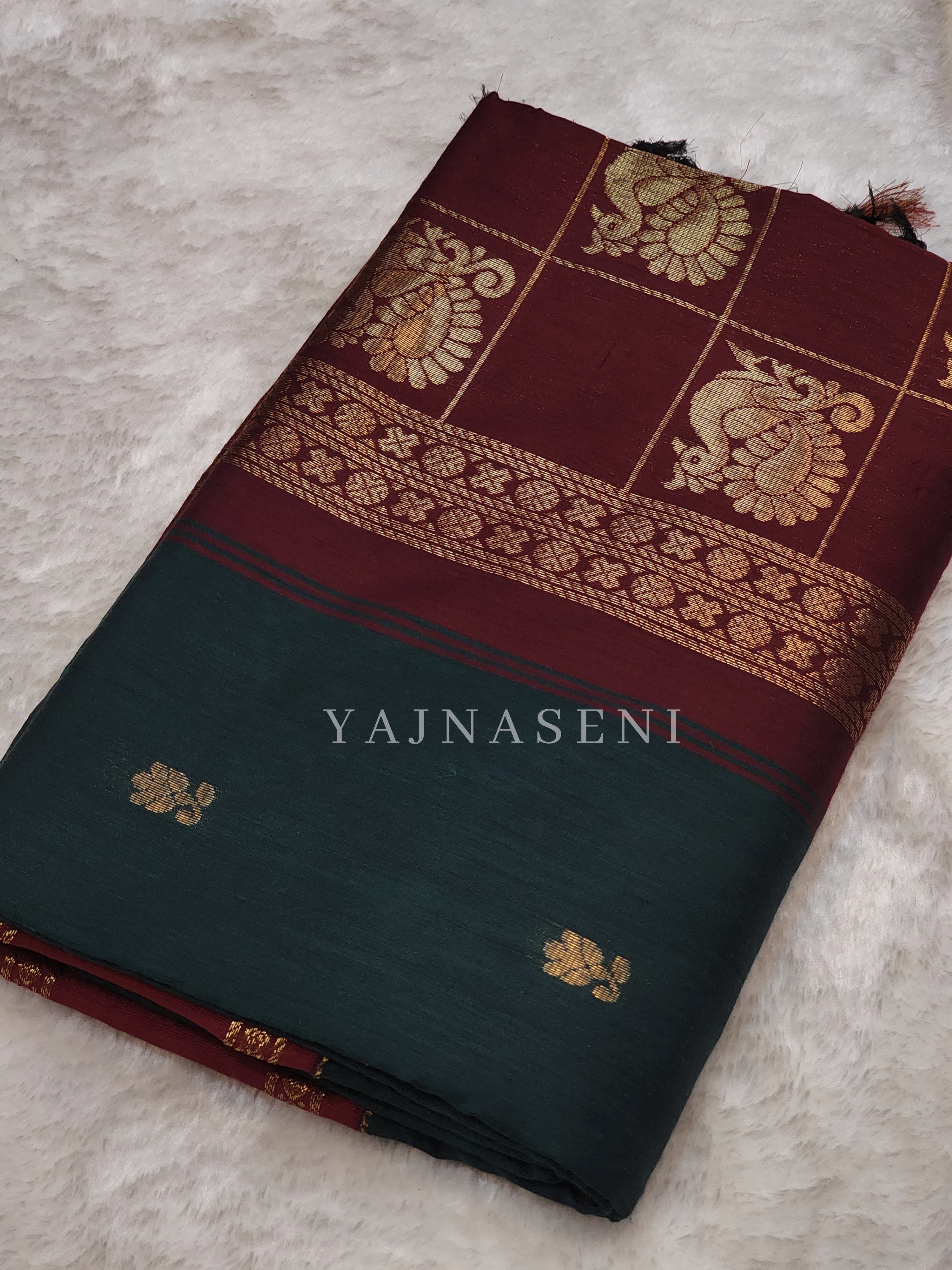 Kalyani Cotton x Peacock Saree : Timber Green x Maroon