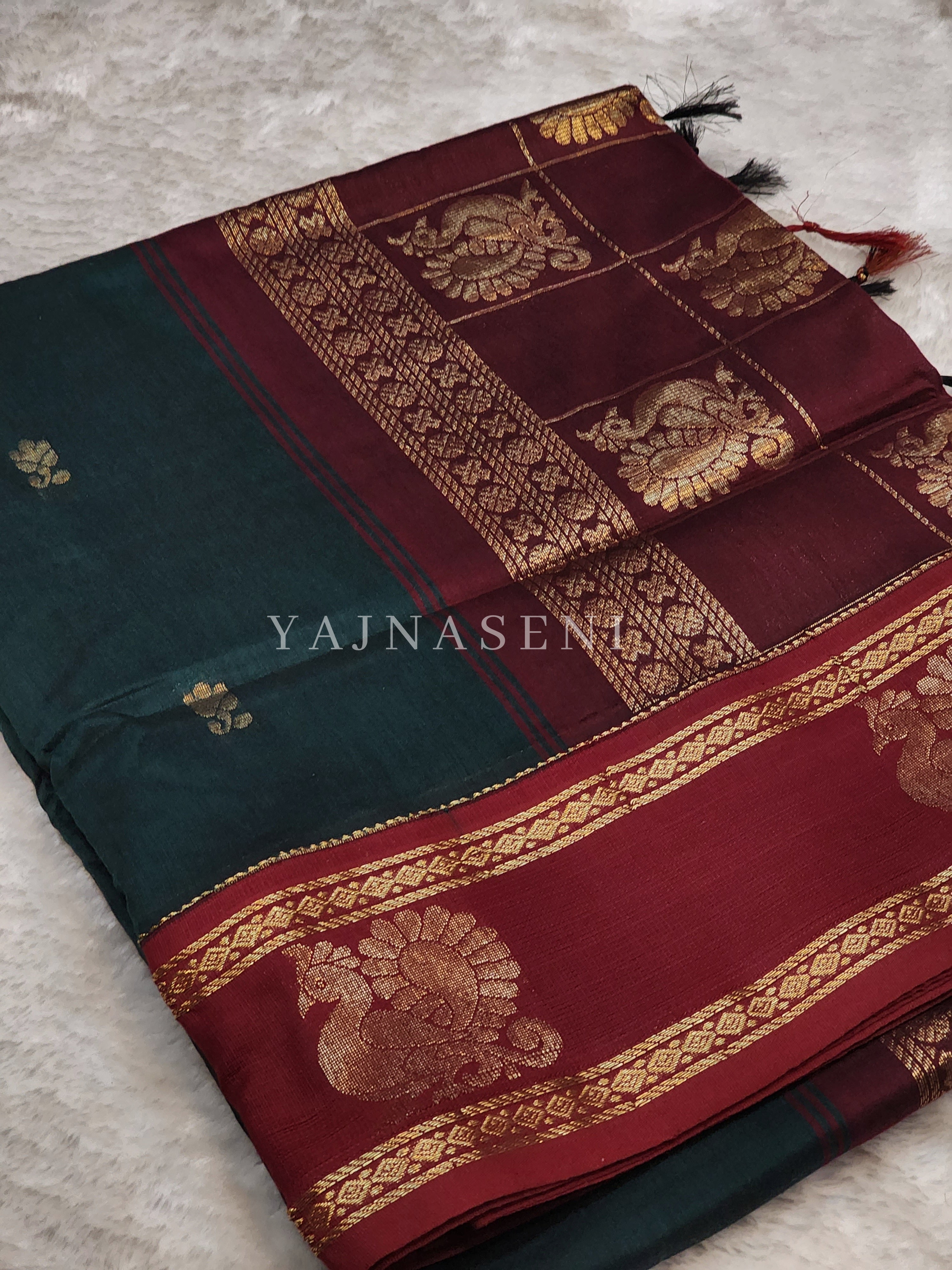 Kalyani Cotton x Peacock Saree : Timber Green x Maroon