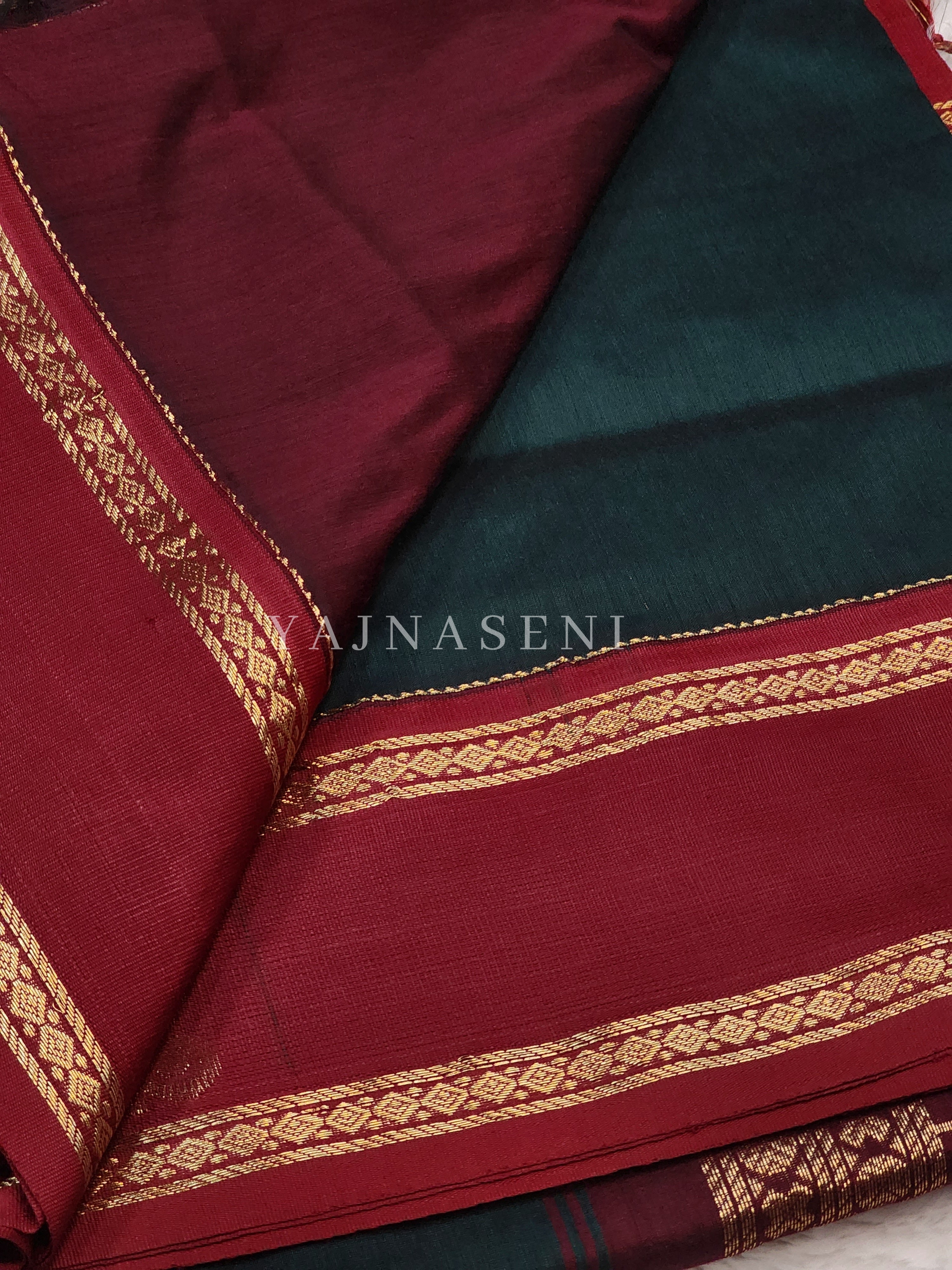 Kalyani Cotton x Peacock Saree : Timber Green x Maroon