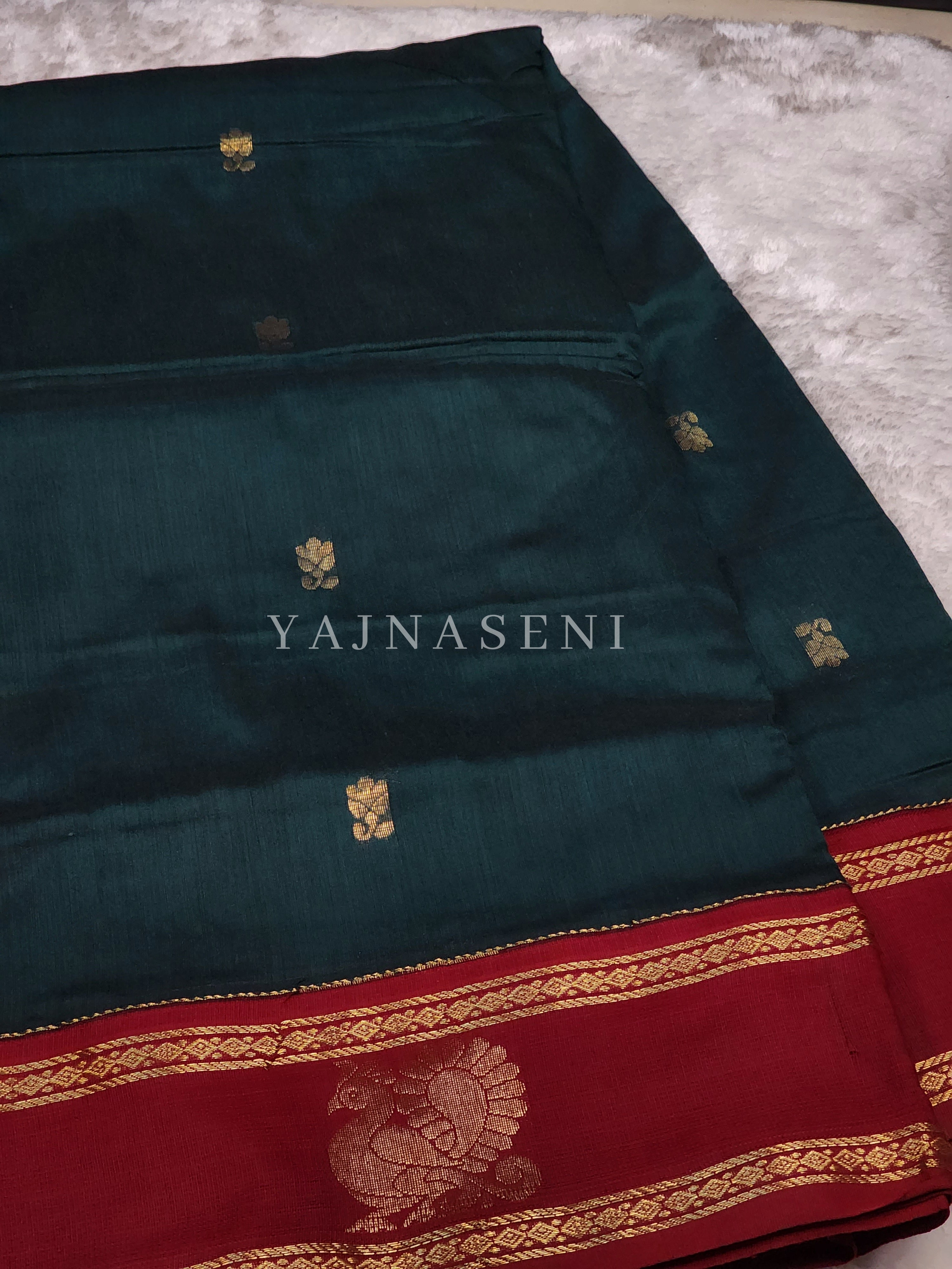 Kalyani Cotton x Peacock Saree : Timber Green x Maroon