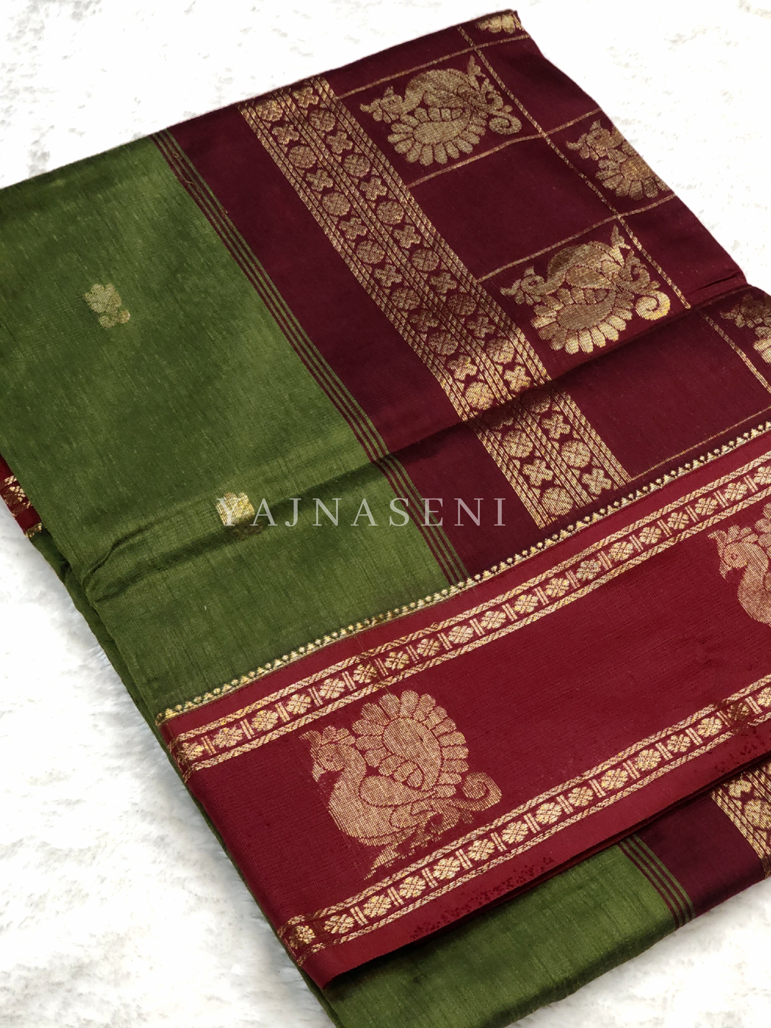 Kalyani Cotton x Peacock Saree : Dark Olive x Maroon