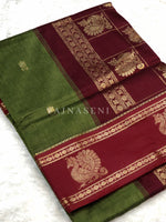 Load image into Gallery viewer, Kalyani Cotton x Peacock Saree : Dark Olive x Maroon
