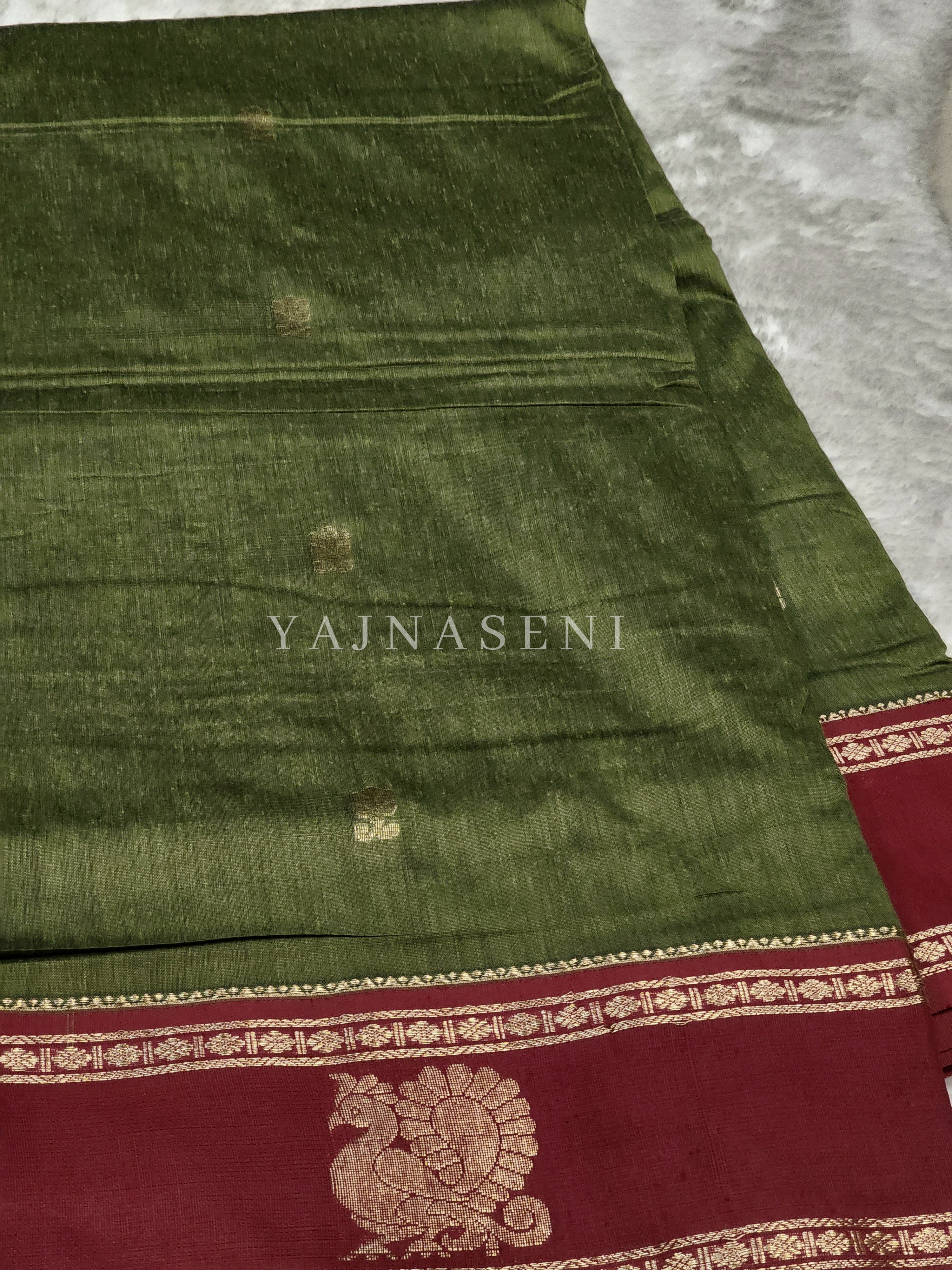 Kalyani Cotton x Peacock Saree : Dark Olive x Maroon