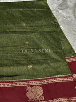 Load image into Gallery viewer, Kalyani Cotton x Peacock Saree : Dark Olive x Maroon
