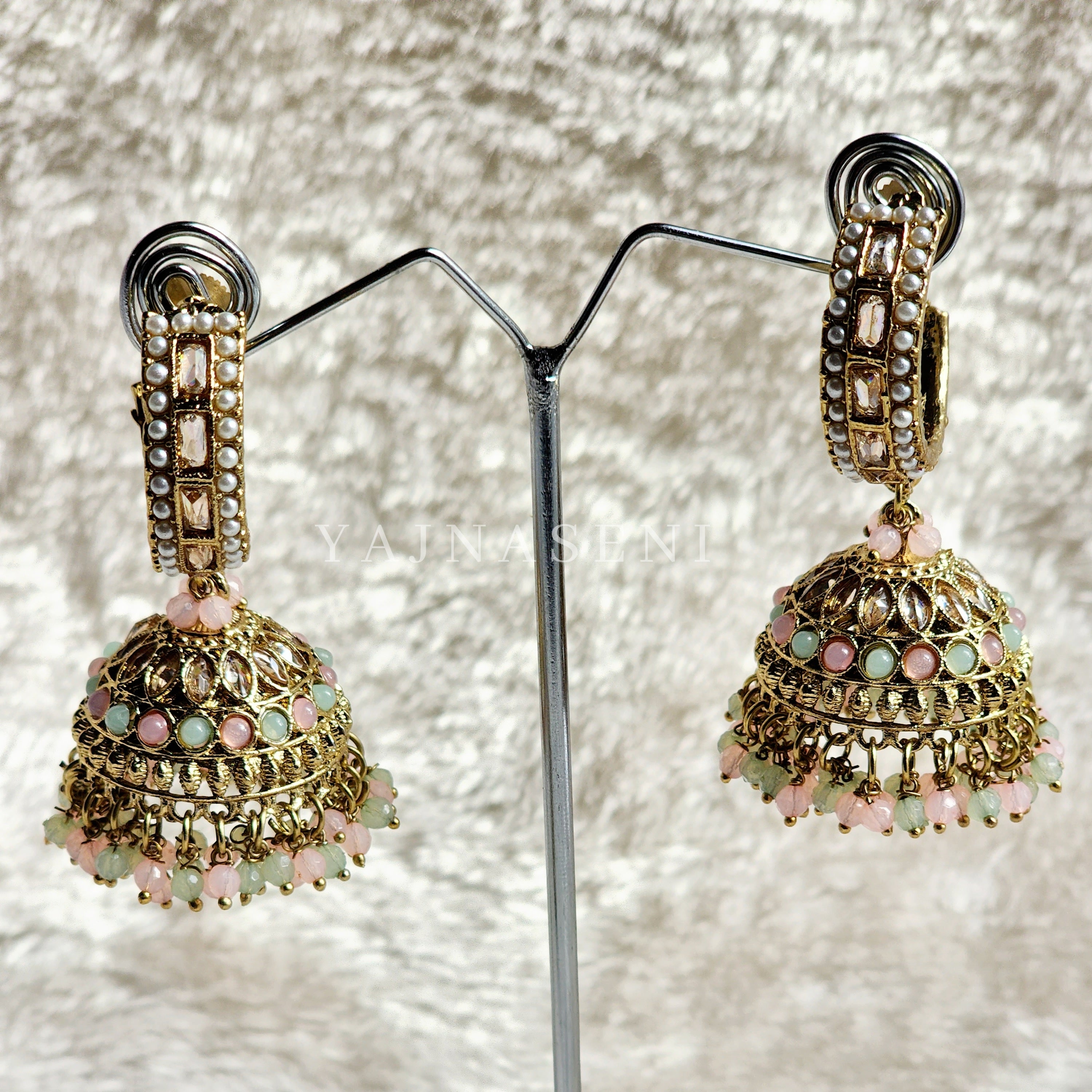 C-hoop ring jhumkas - Pink x Mint
