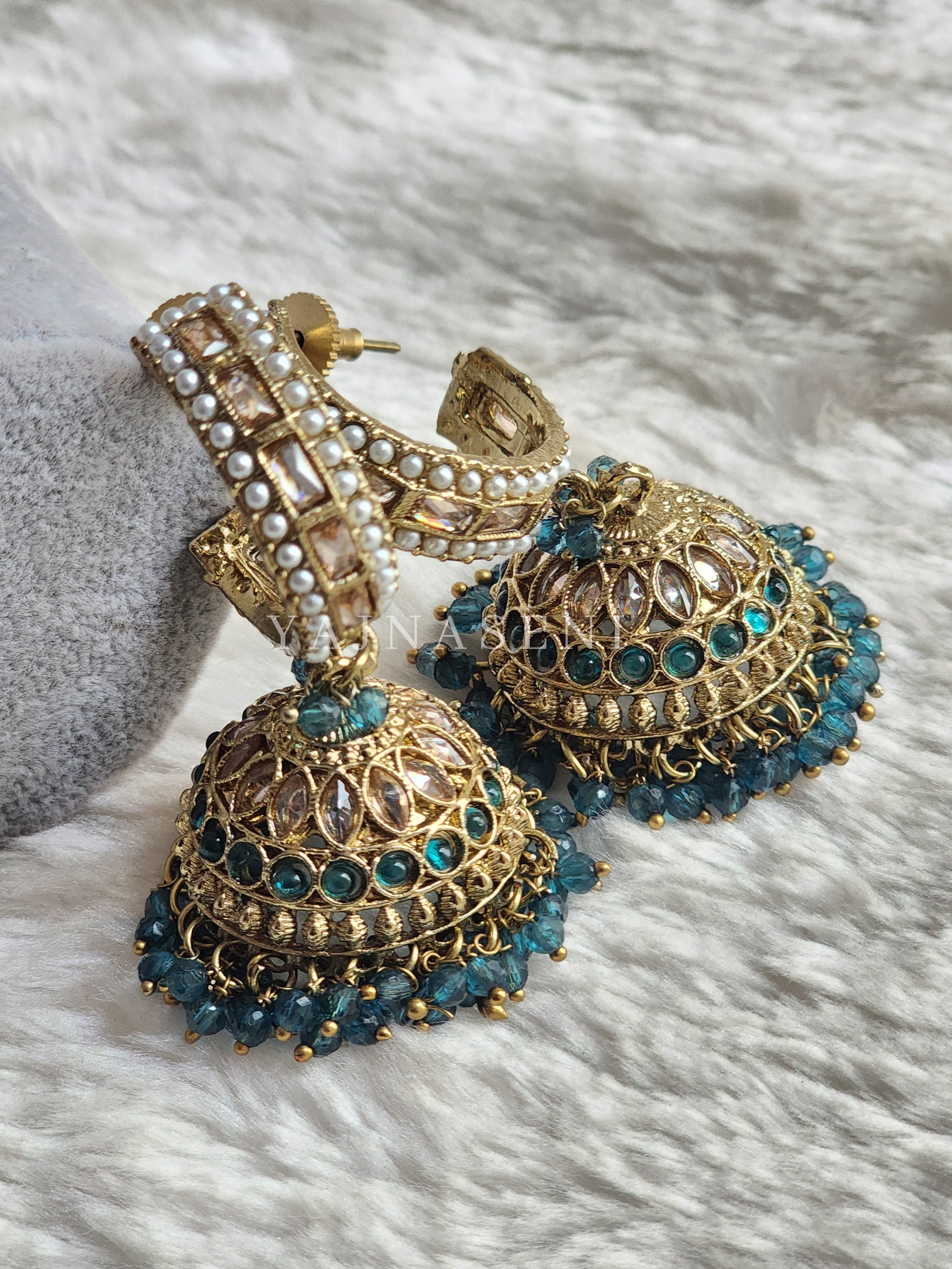 C-hoop ring jhumkas - Teal Blue