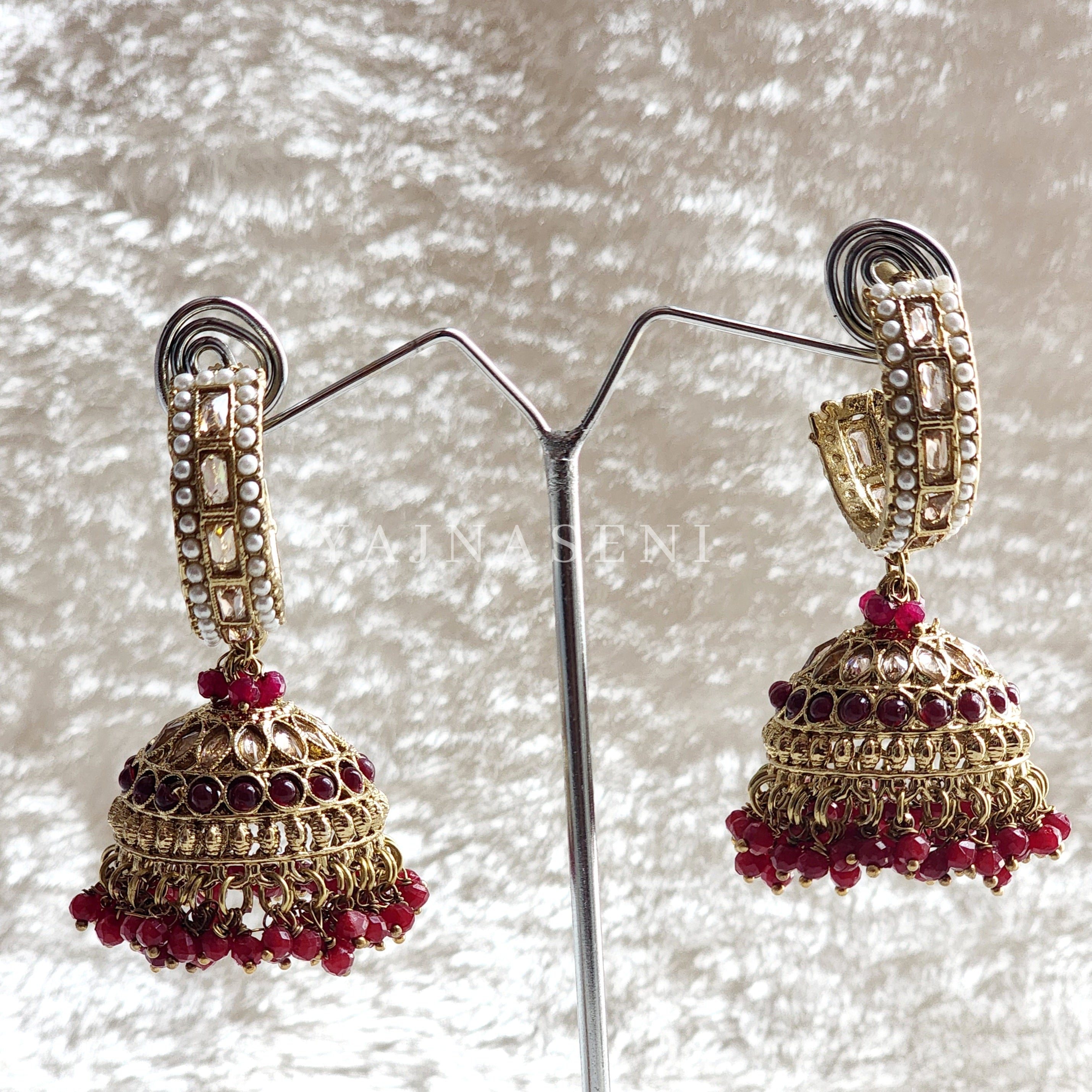 C-hoop ring jhumkas - Maroon