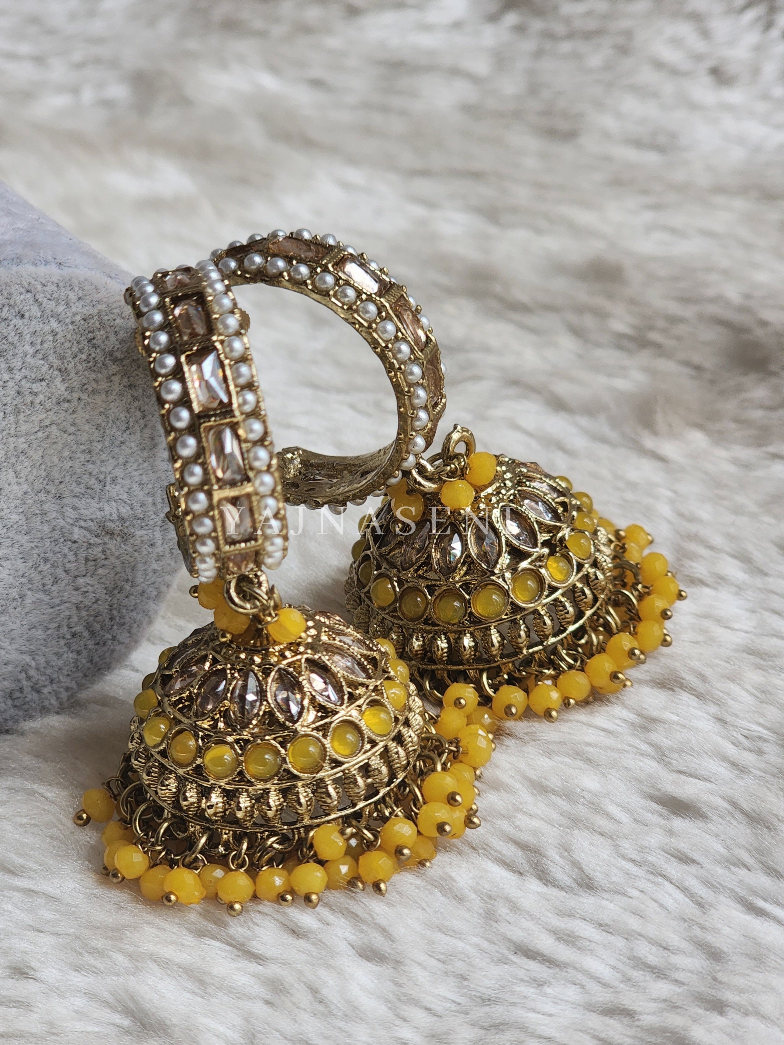 C-hoop ring jhumkas - Yellow