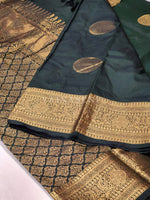 Load image into Gallery viewer, Semi Soft Silk Gold Zari Saree - Dark Green
