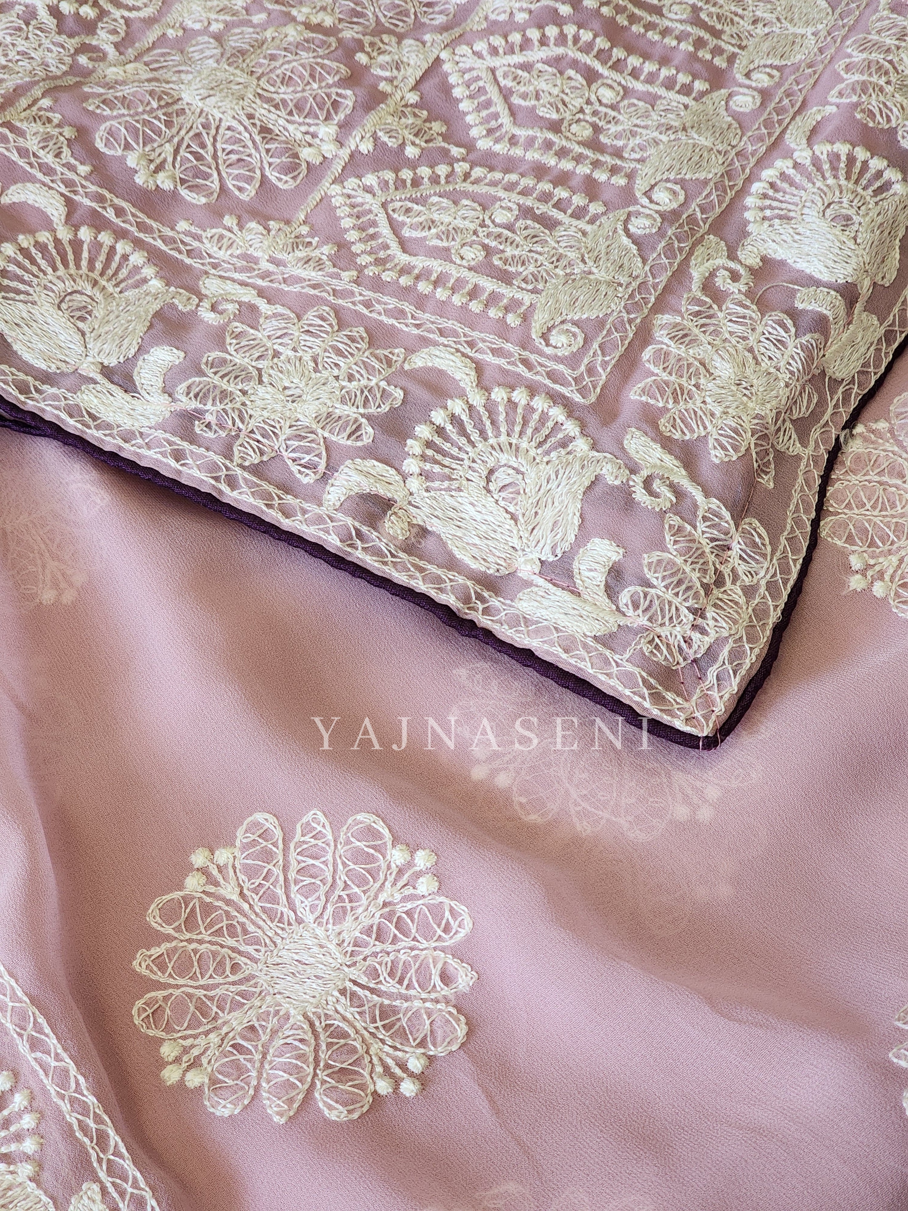 Georgette saree x Chikankari border - Lilac