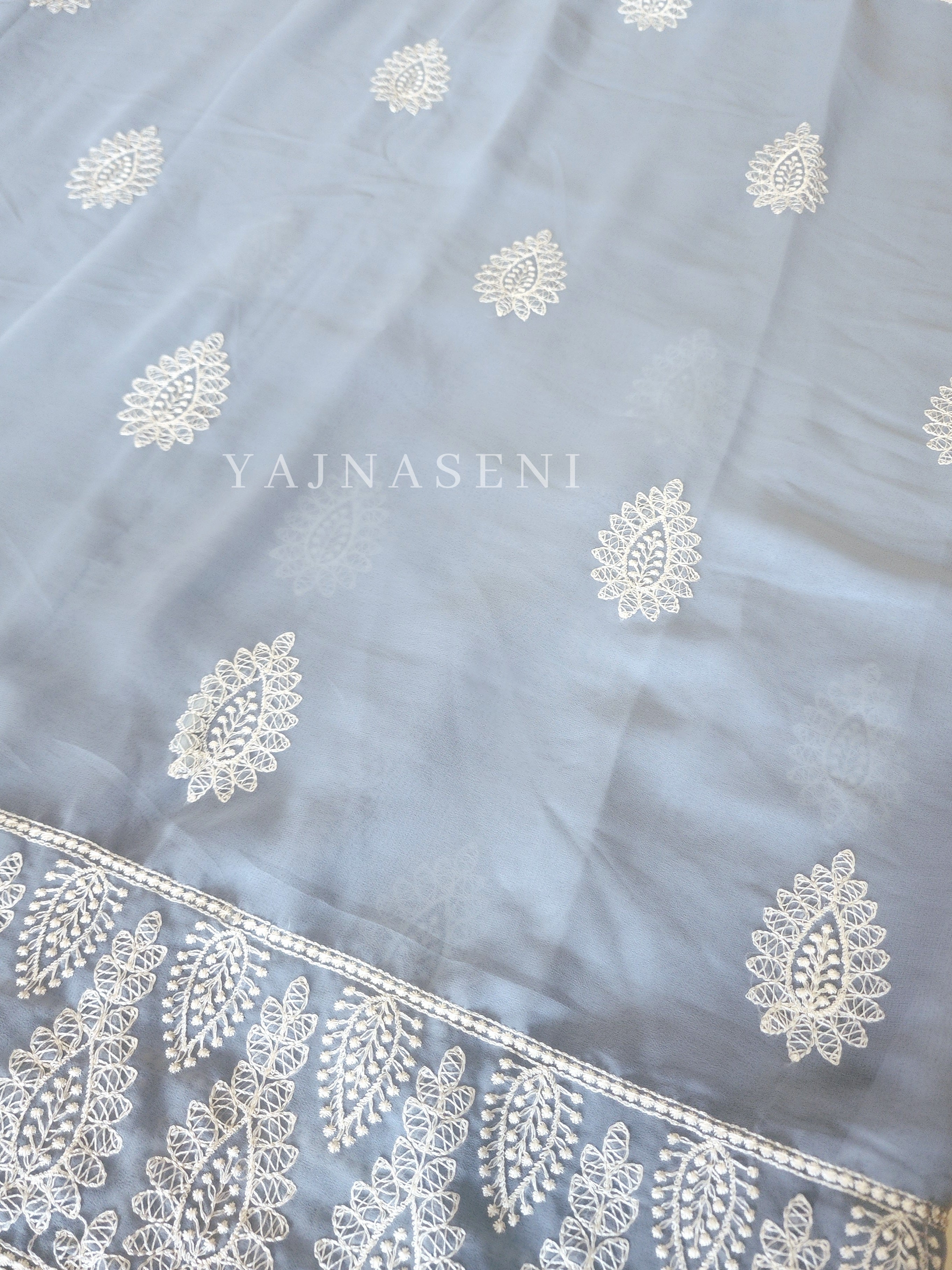Georgette saree x Chikankari border - Powder Blue
