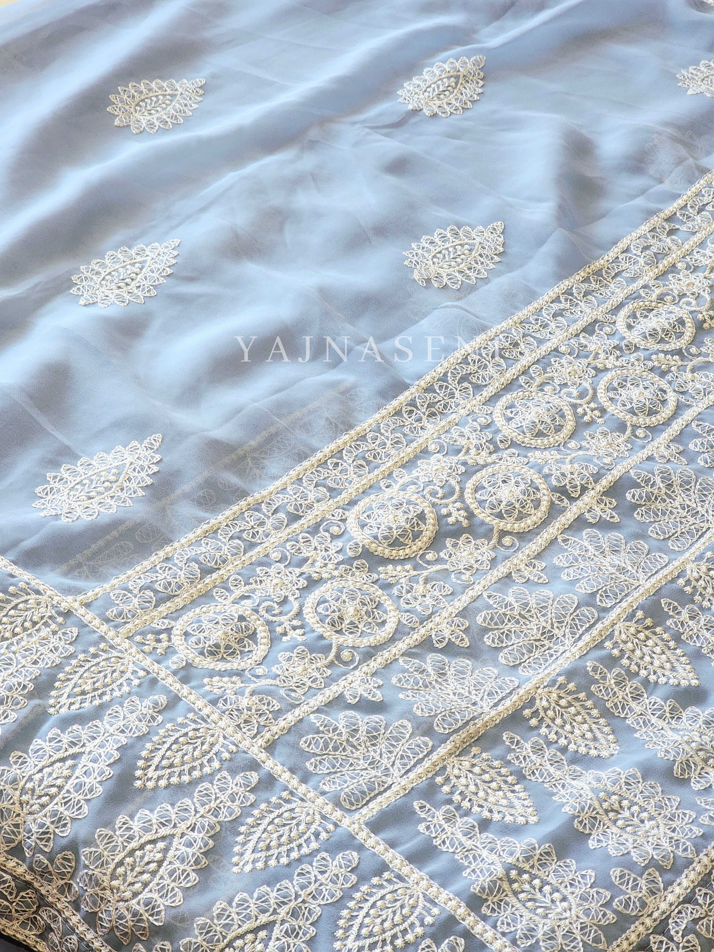 Georgette saree x Chikankari border - Powder Blue