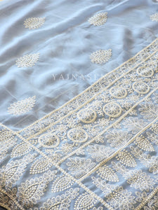 Georgette saree x Chikankari border - Powder Blue
