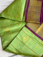 Load image into Gallery viewer, Mayil Chakram x Kattam Silk Cotton Saree : Light Green x Purple
