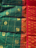 Load image into Gallery viewer, Mayil Chakram x Kattam Silk Cotton Saree : Bottle Green x Red
