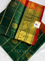 Load image into Gallery viewer, Mayil Chakram x Kattam Silk Cotton Saree : Bottle Green x Red
