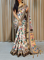 Load image into Gallery viewer, Soft Tussar Saree x Printed Kalamkari : Floral Peacock
