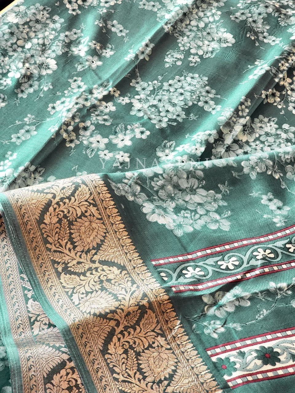 Floral x Printed Saree x Champagne border - Green