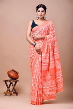 Load image into Gallery viewer, Mulmul Cotton Handblock Printed Saree : Coral Orange x White
